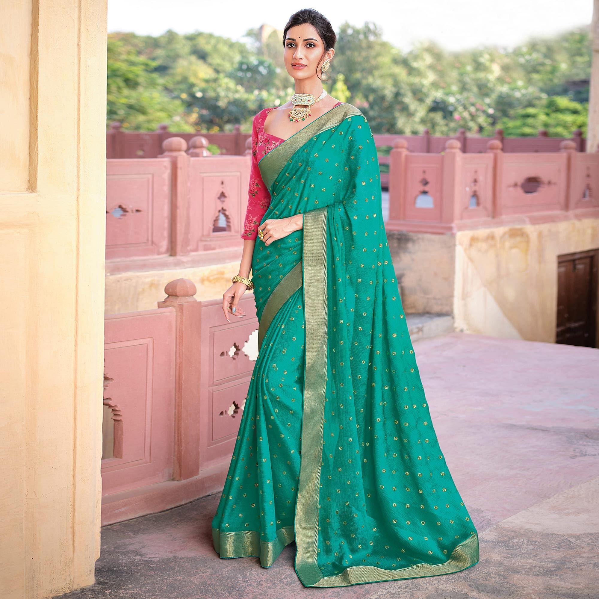 Rama Green Woven Chiffon Saree - Peachmode