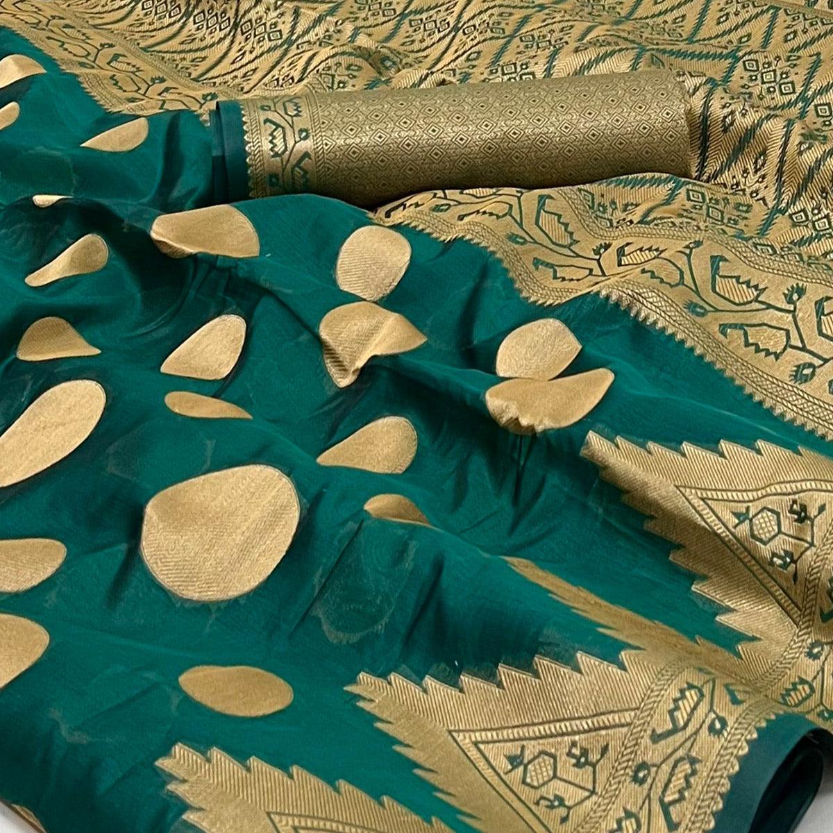 Rama Green Woven Organza Saree - Peachmode