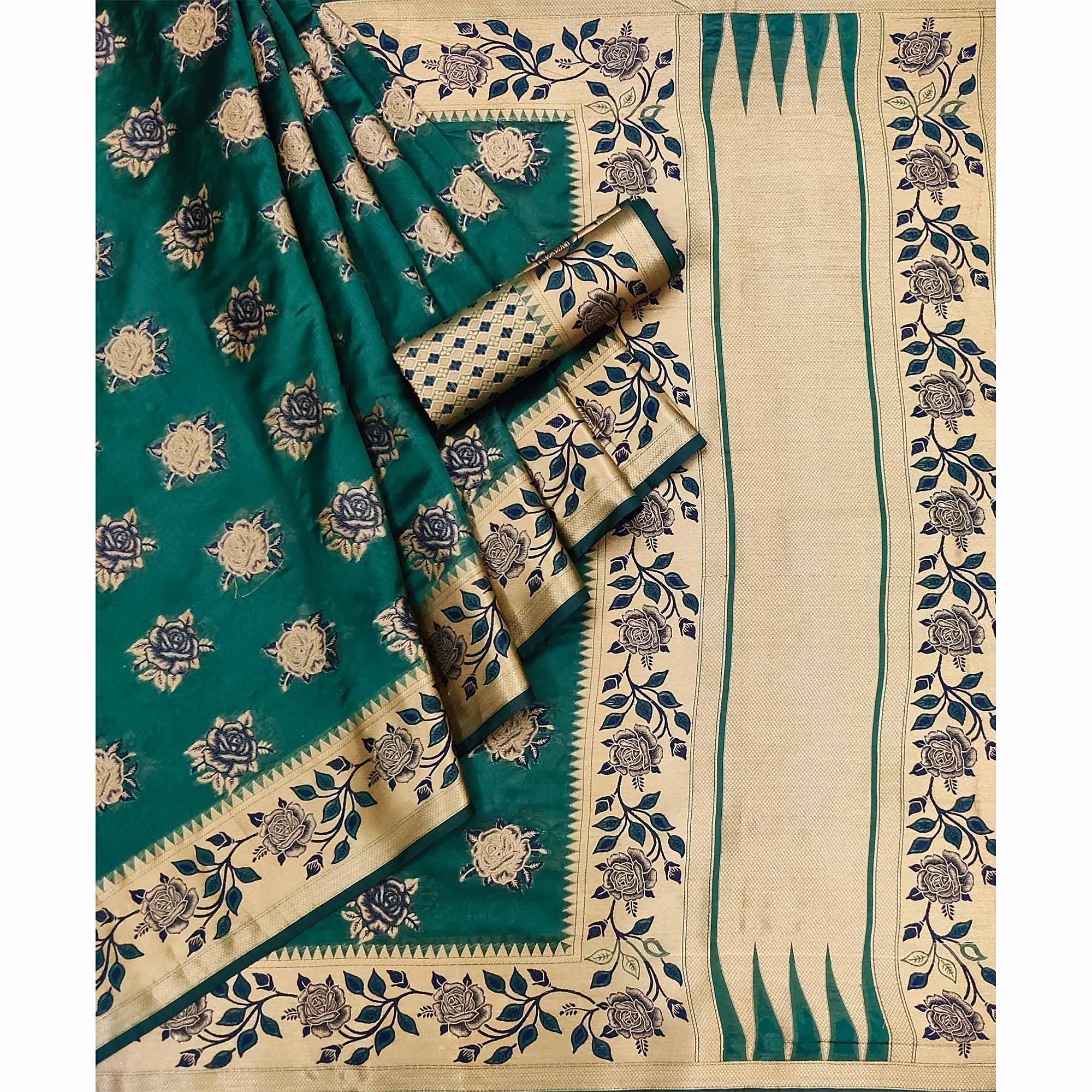 Rama Green Woven Organza Saree - Peachmode
