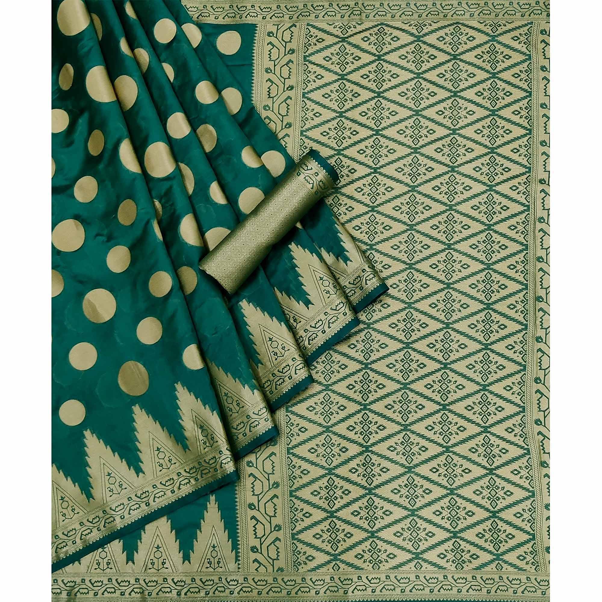 Rama Green Woven Organza Saree - Peachmode