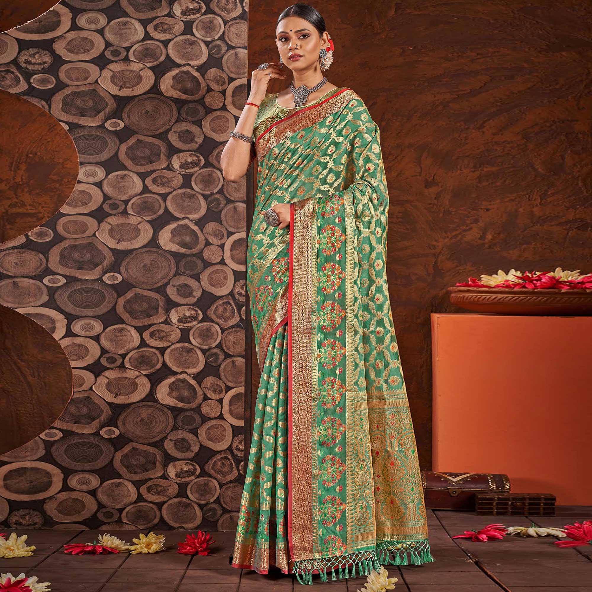 Rama Green Woven Organza Saree With Tassels - Peachmode