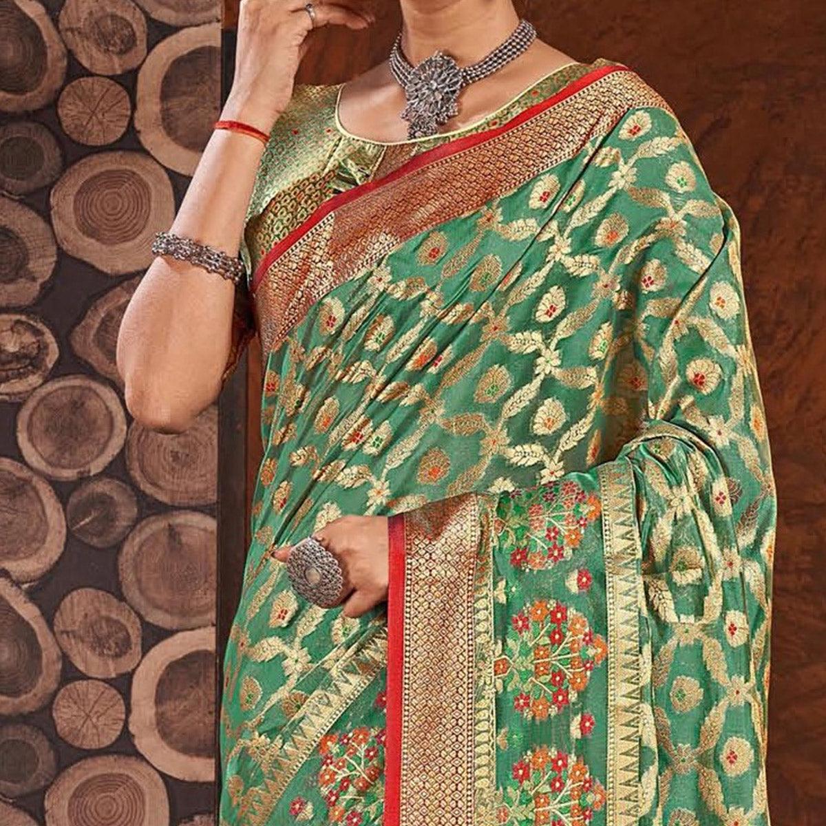 Rama Green Woven Organza Saree With Tassels - Peachmode