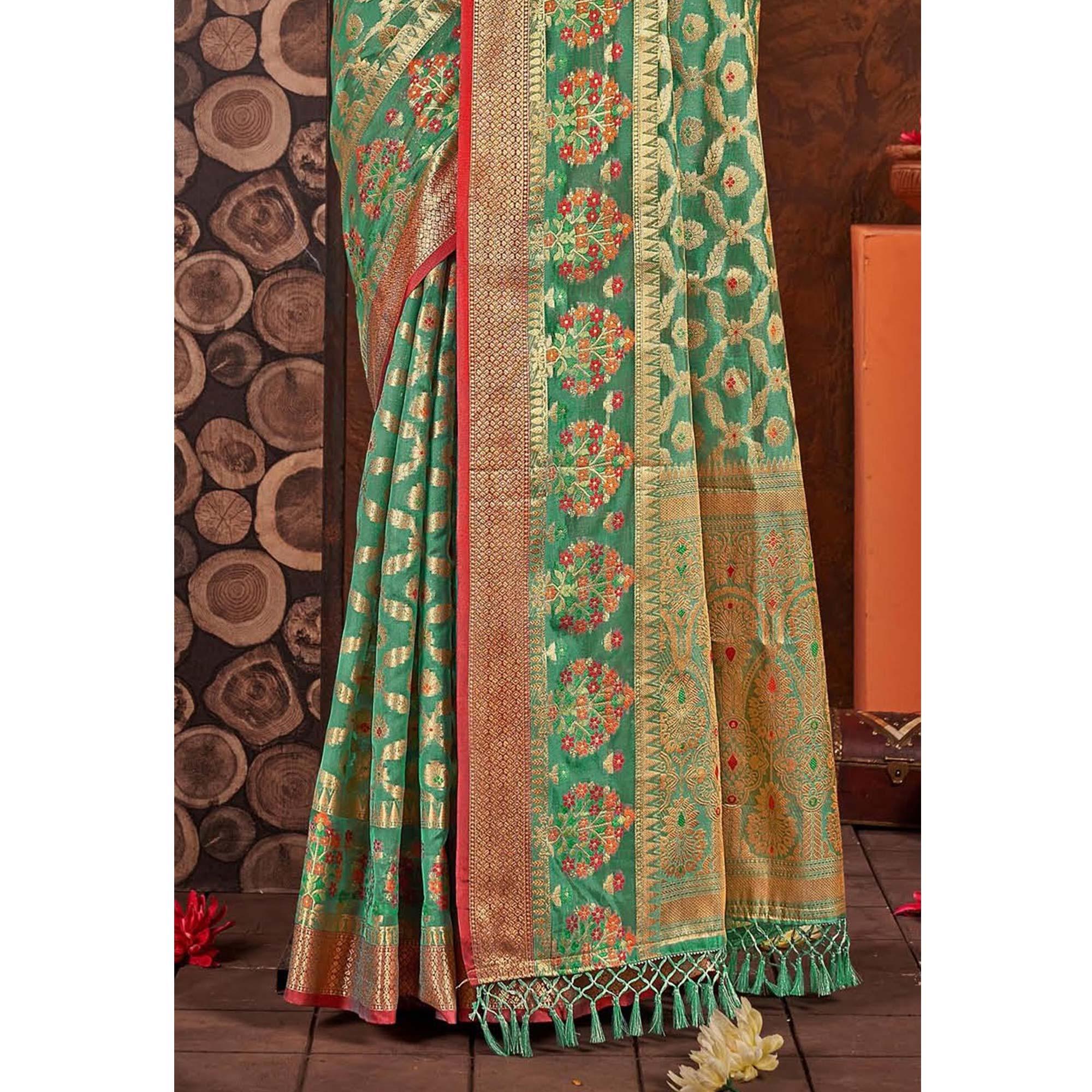 Rama Green Woven Organza Saree With Tassels - Peachmode