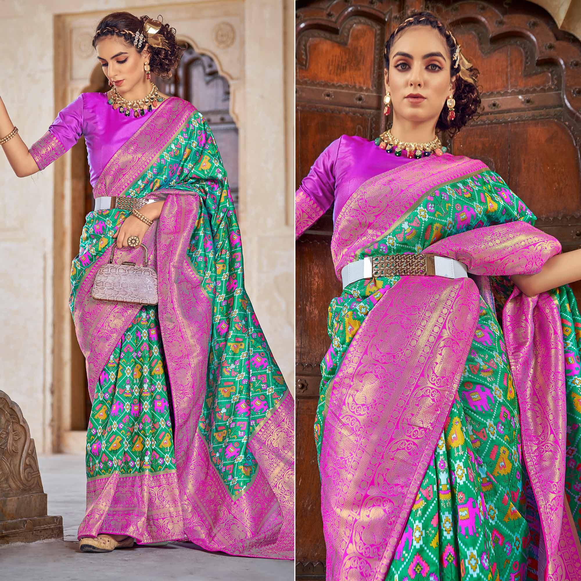 Rama Green Woven Patola Art Silk Saree - Peachmode