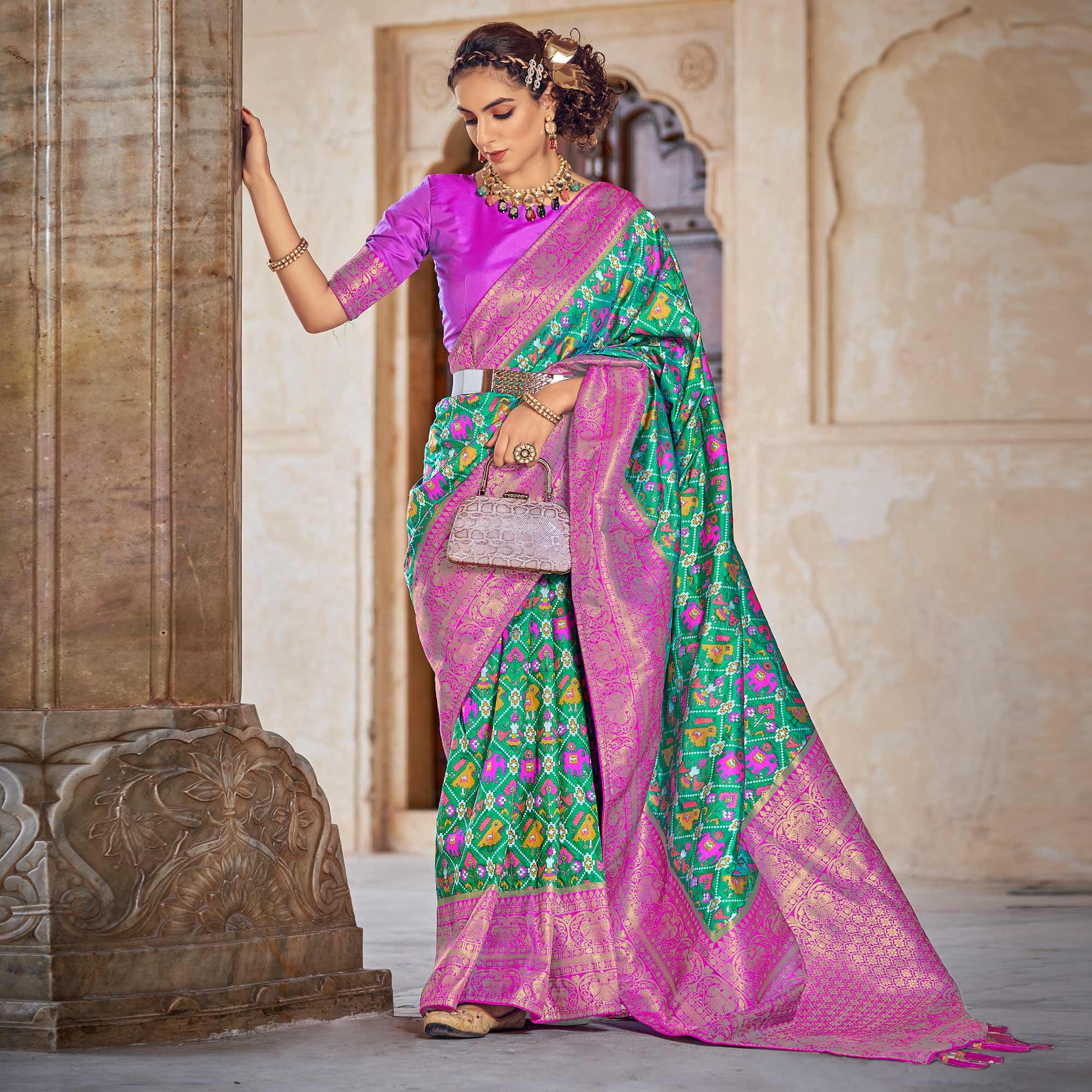 Rama Green Woven Patola Art Silk Saree - Peachmode