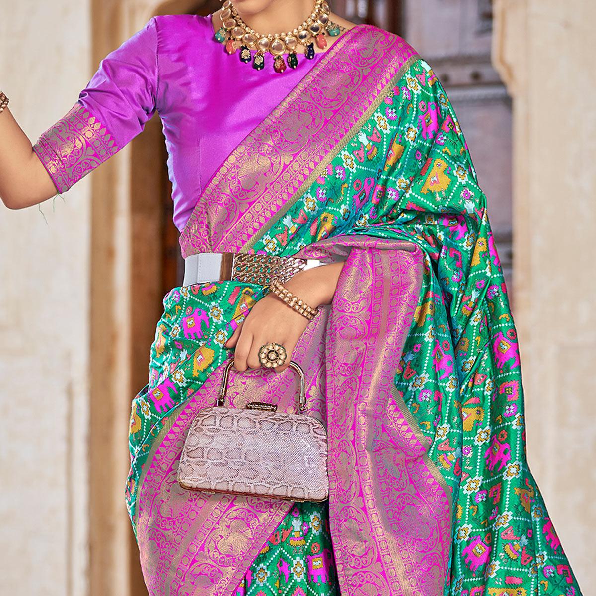 Rama Green Woven Patola Art Silk Saree - Peachmode
