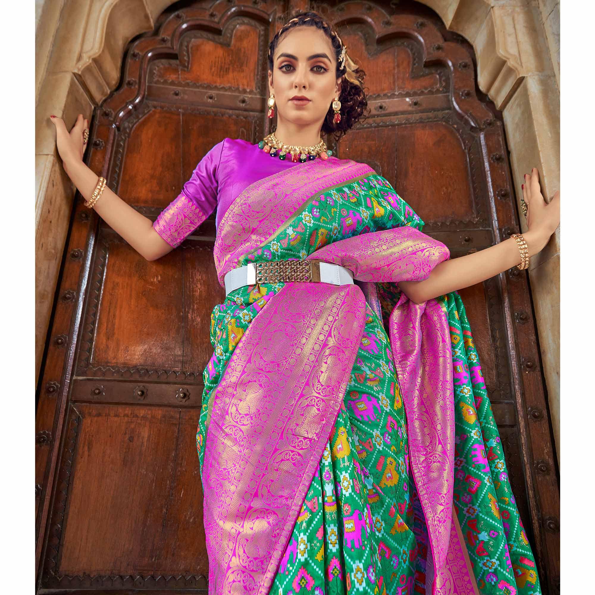 Rama Green Woven Patola Art Silk Saree - Peachmode