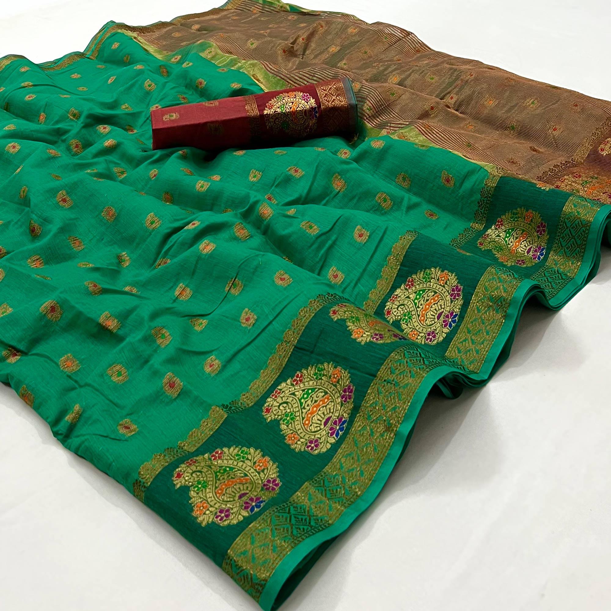 Rama Green Woven Poly Cotton Saree - Peachmode