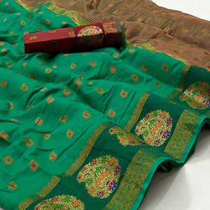 Rama Green Woven Poly Cotton Saree - Peachmode