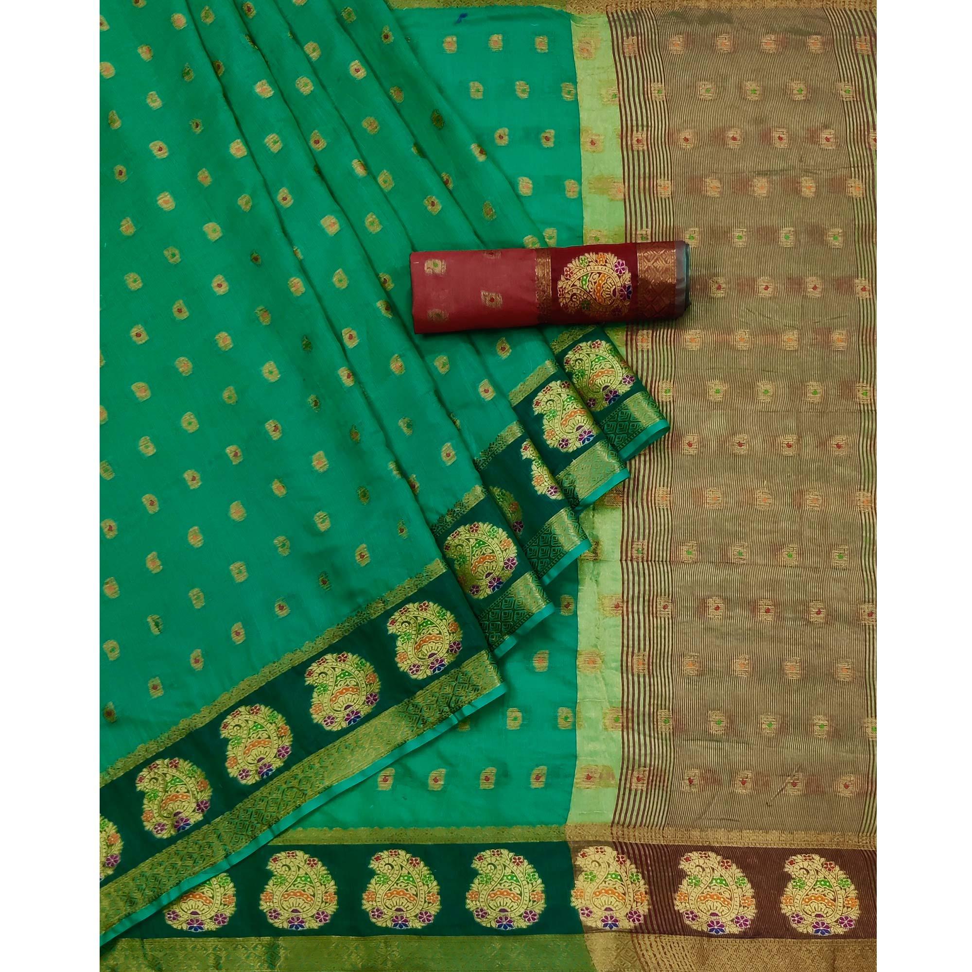 Rama Green Woven Poly Cotton Saree - Peachmode