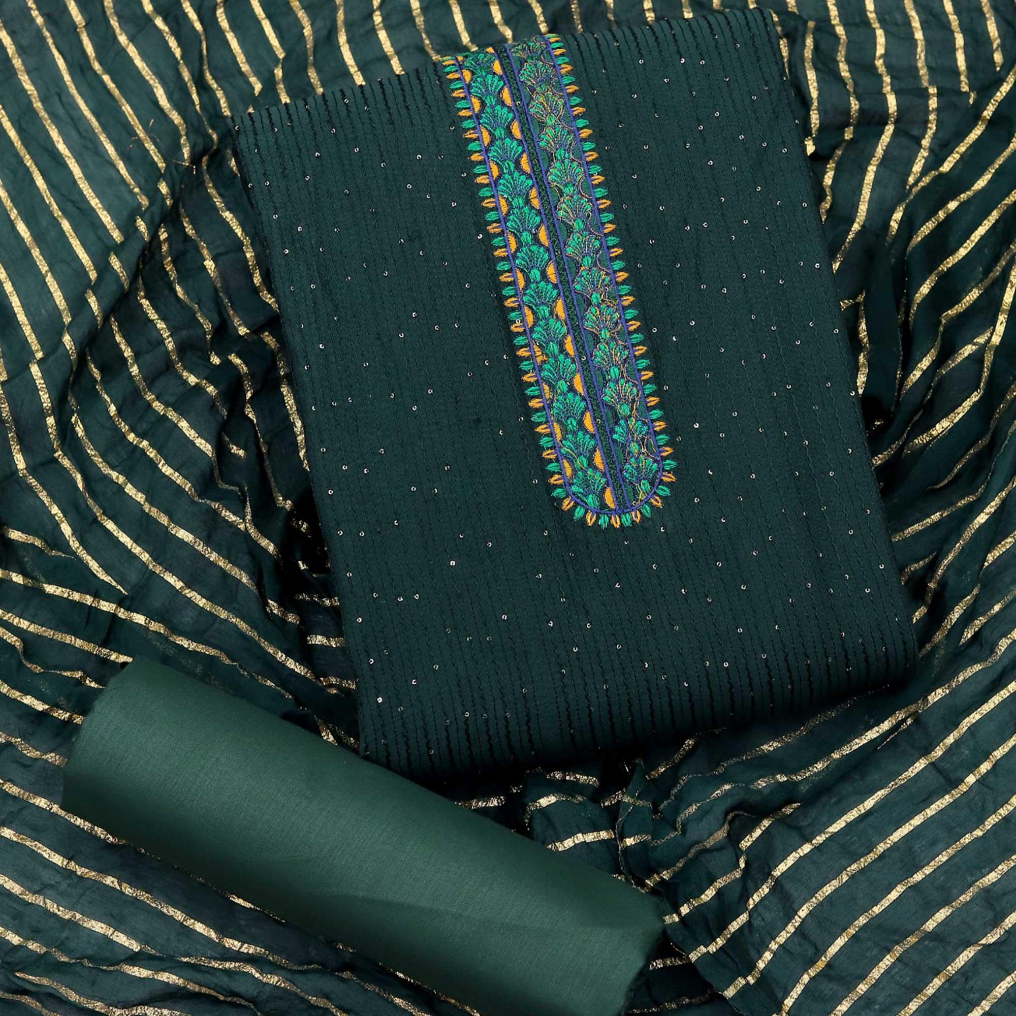 Rama Sequence Embroidered Chanderi Dress Material - Peachmode