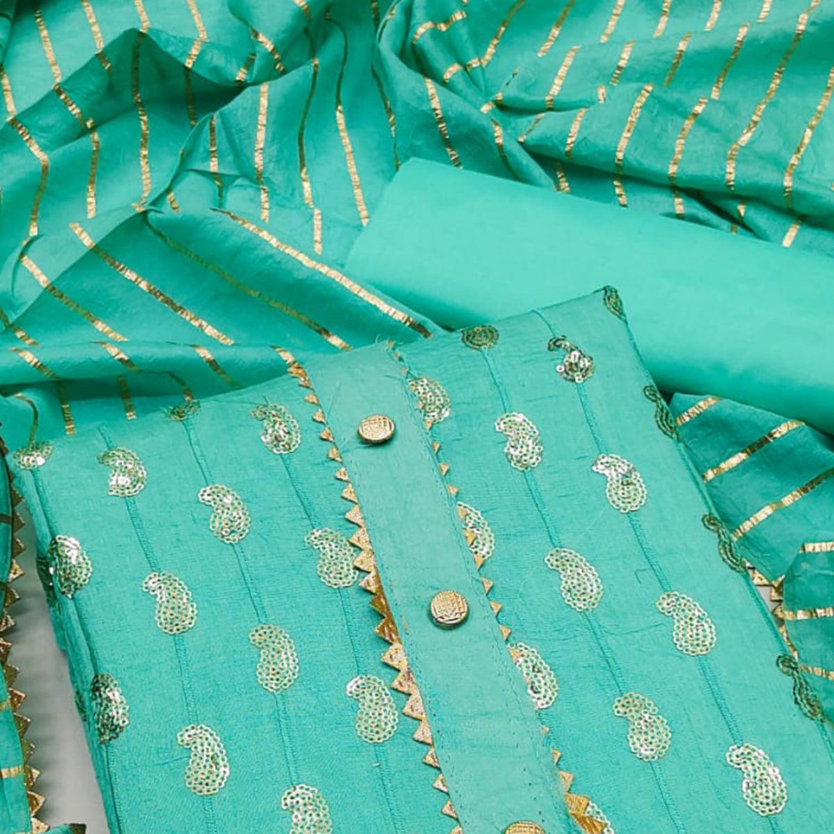 Rama Sequence Embroidered Pure Cotton Dress Material - Peachmode