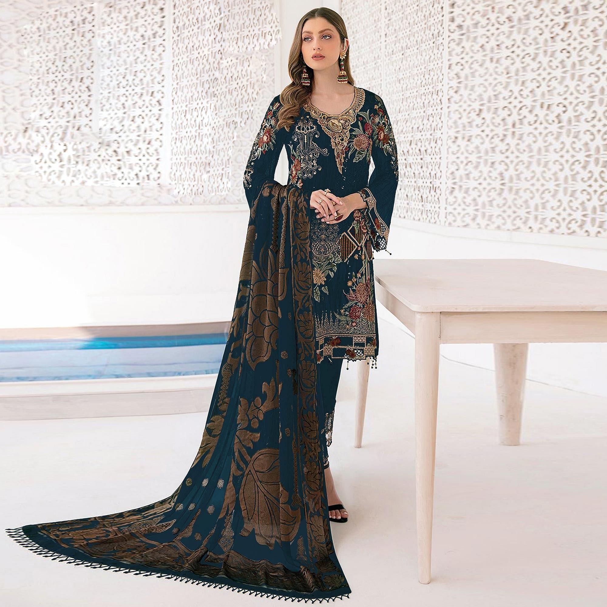 Rama-Teal Blue Partywear Designer Embroidery & Sequence Work Heavy Georgette Salwar Suit - Peachmode