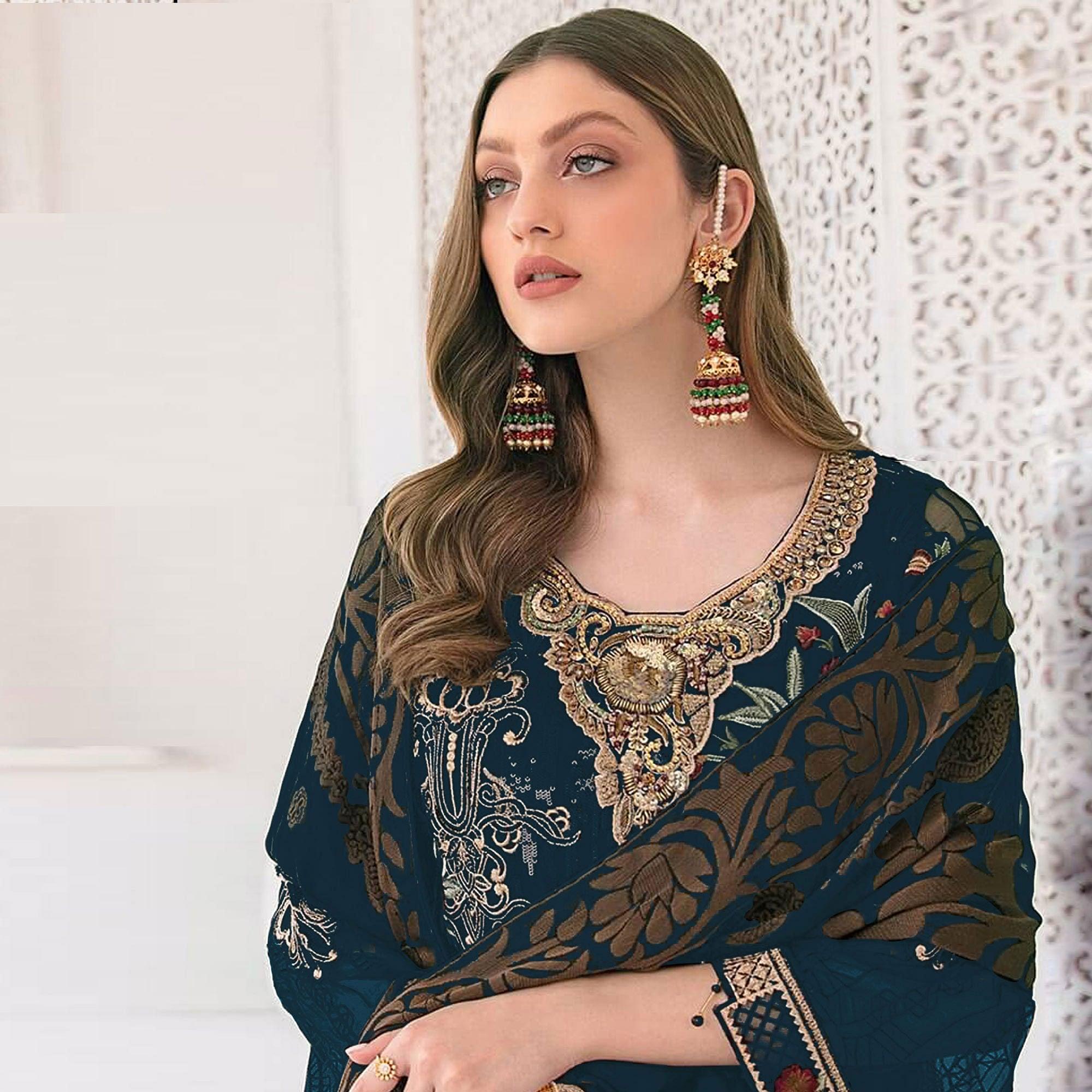 Rama-Teal Blue Partywear Designer Embroidery & Sequence Work Heavy Georgette Salwar Suit - Peachmode