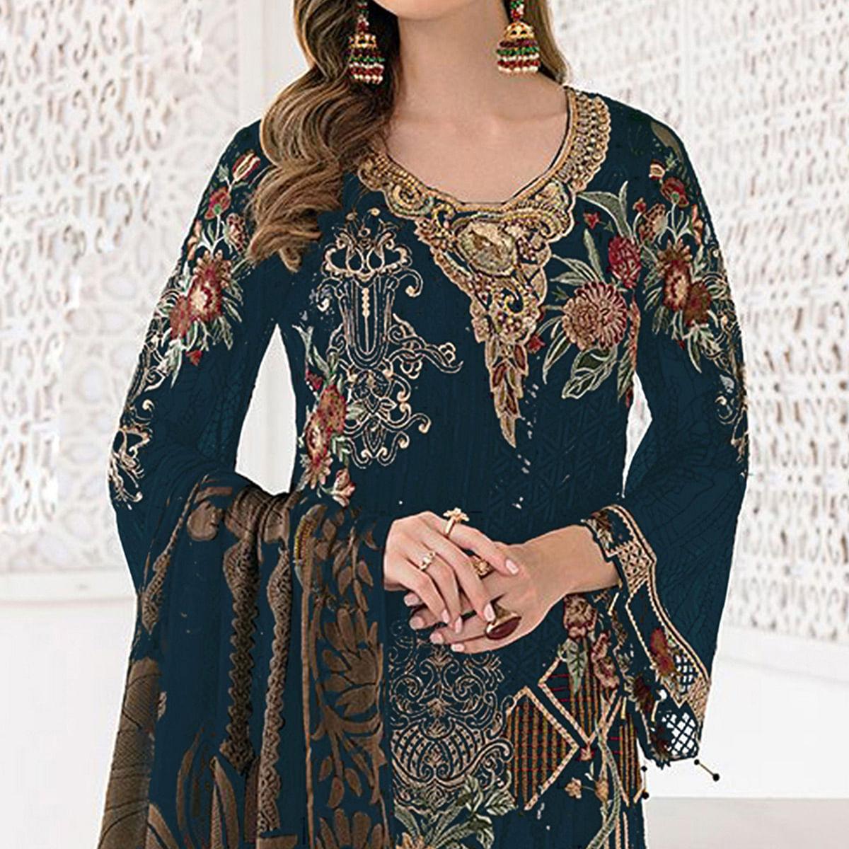 Rama-Teal Blue Partywear Designer Embroidery & Sequence Work Heavy Georgette Salwar Suit - Peachmode