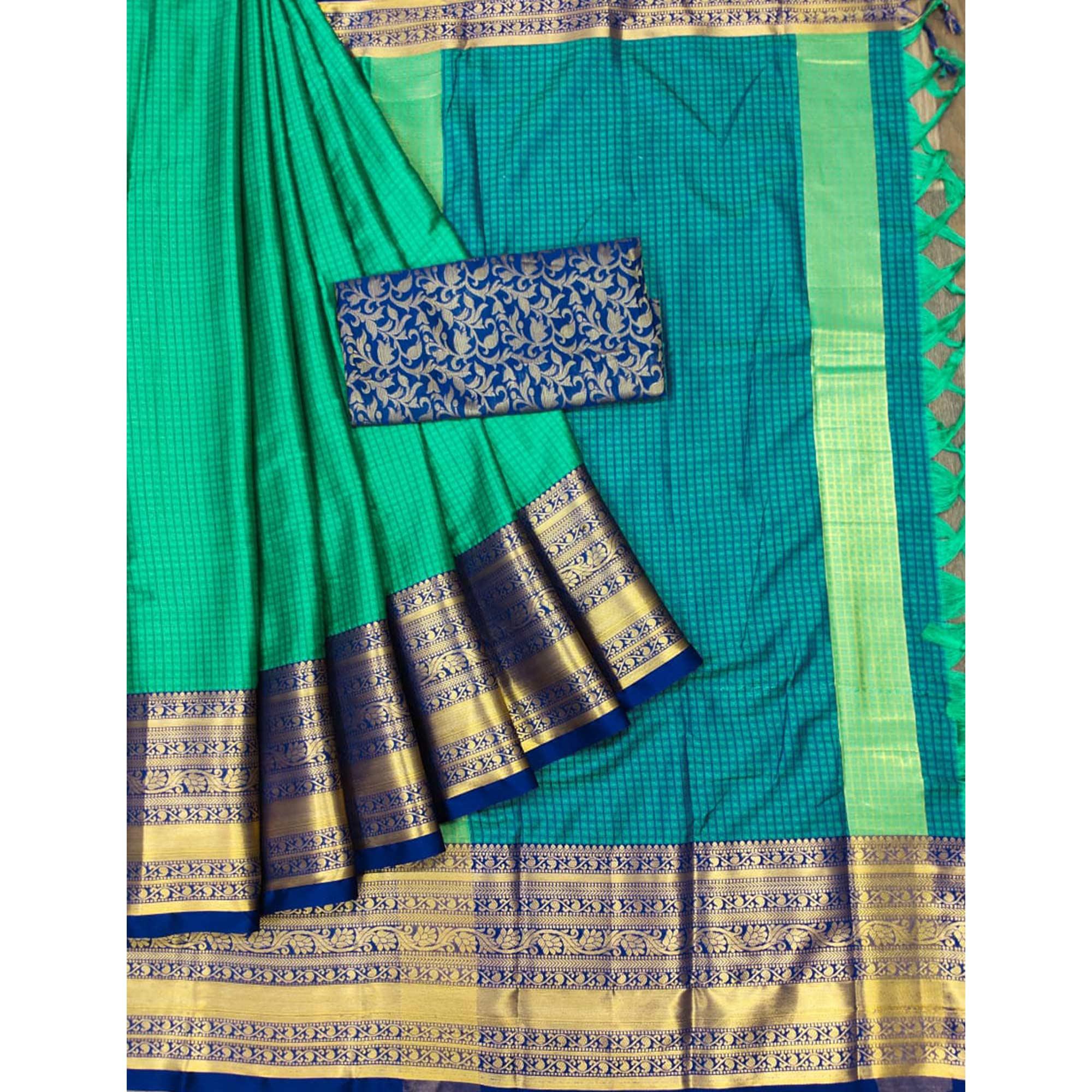 Rama Woven Cotton Silk Saree With Tassels - Peachmode