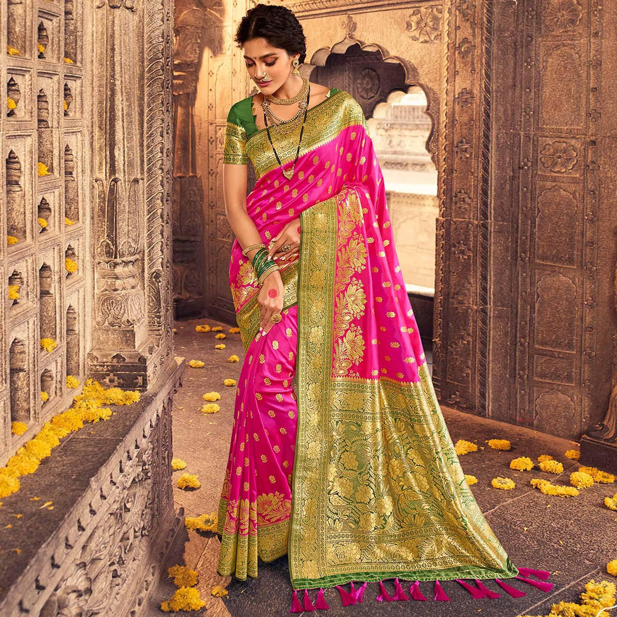 Rani & Green Festive Wear Woven Banarasi Silk Saree - Peachmode