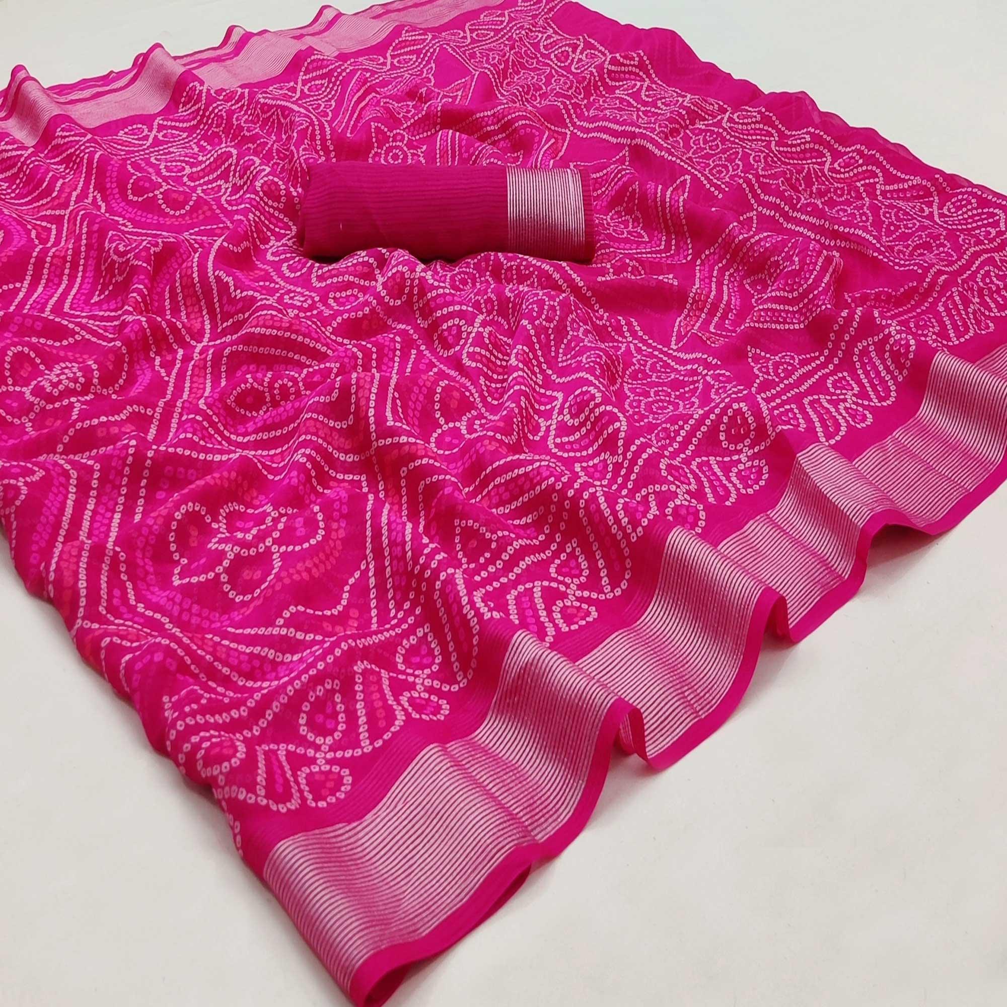 Rani Pink Bandhani Printed Chiffon Saree - Peachmode