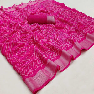 Rani Pink Bandhani Printed Chiffon Saree - Peachmode