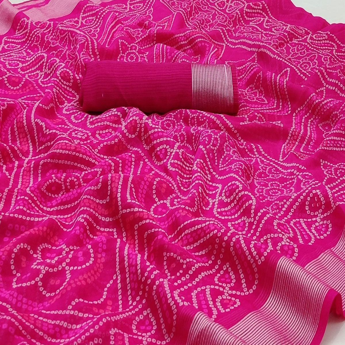 Rani Pink Bandhani Printed Chiffon Saree - Peachmode