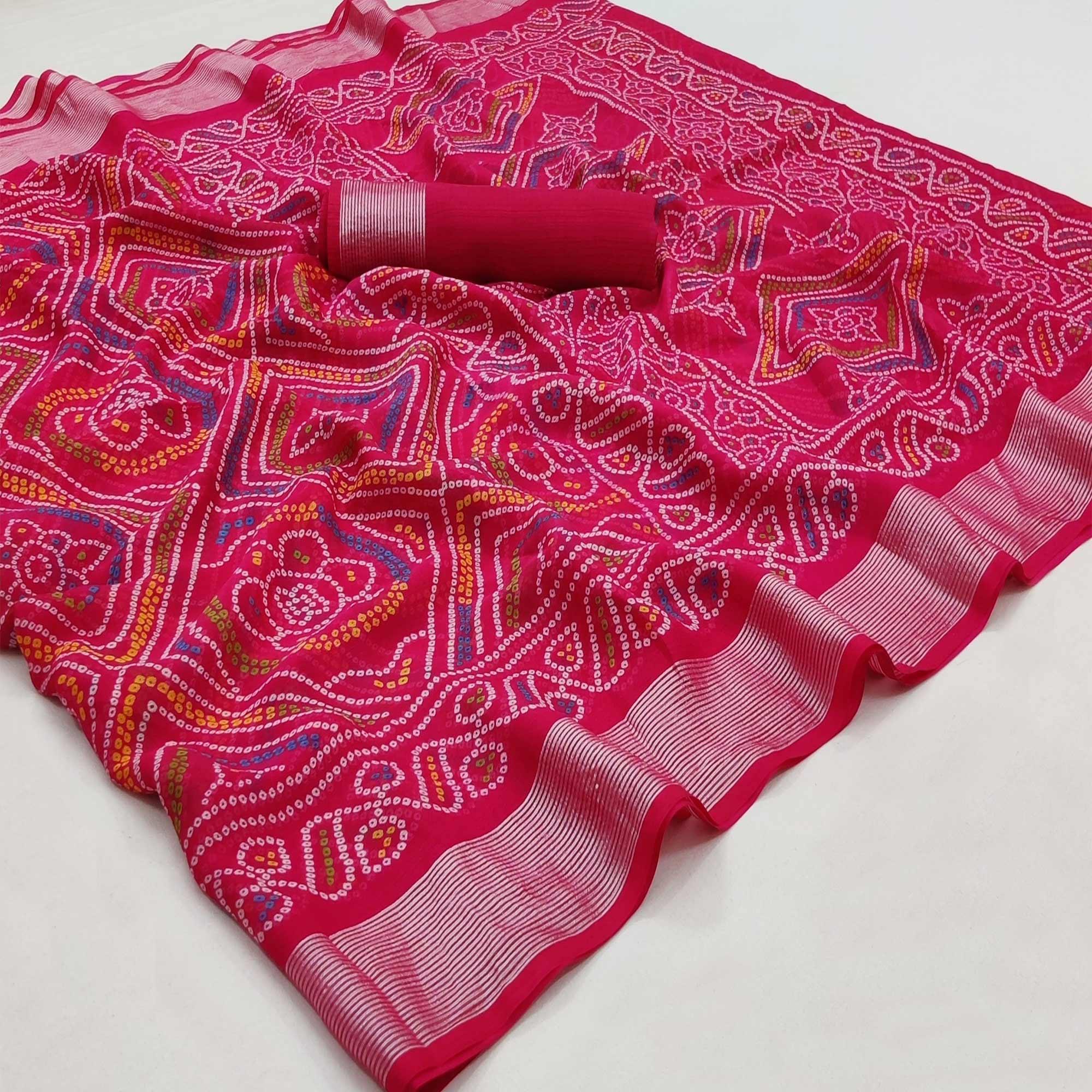 Rani Pink Casual Wear Bandhani Printed Chiffon Saree - Peachmode