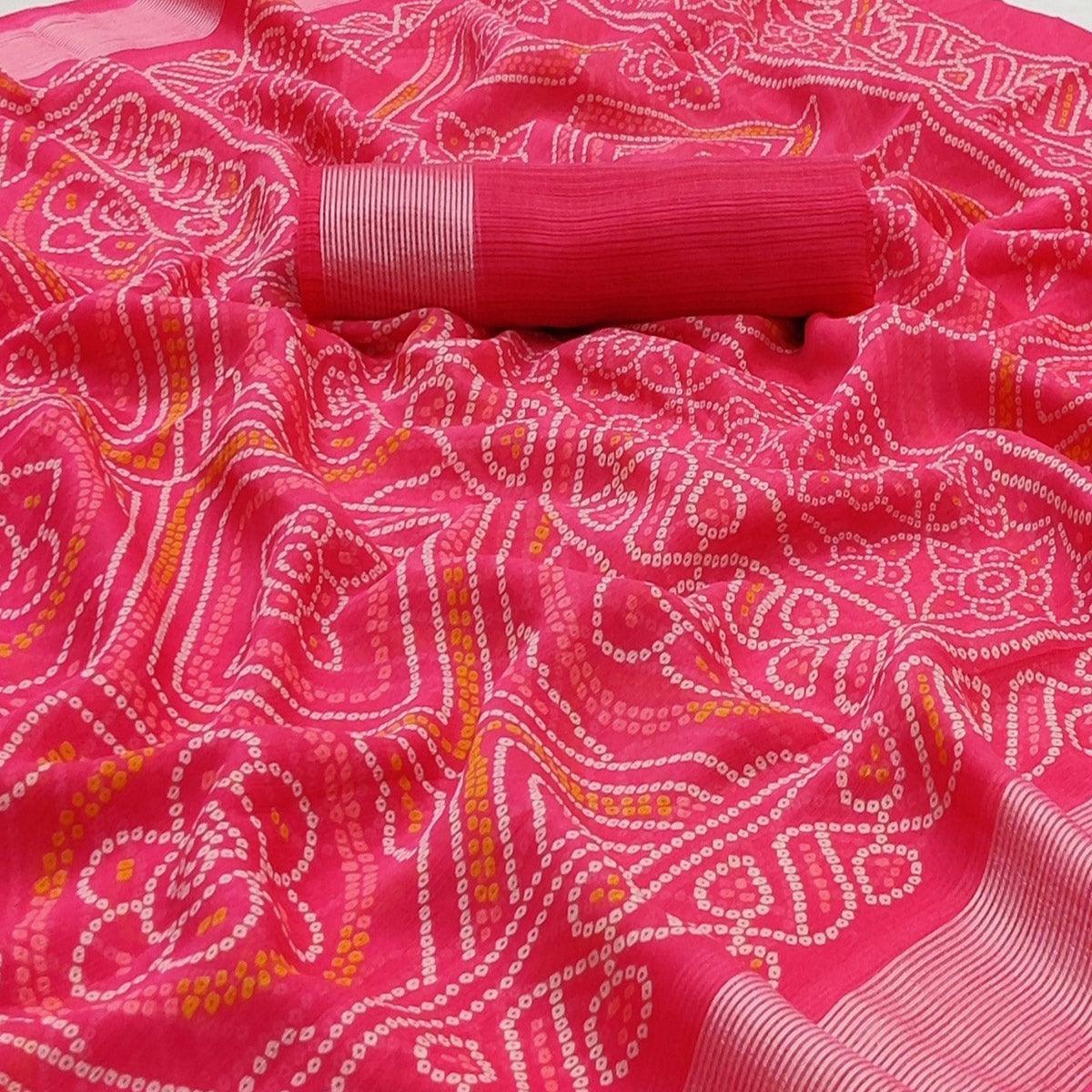 Rani Pink Casual Wear Bandhani Printed Chiffon Saree - Peachmode