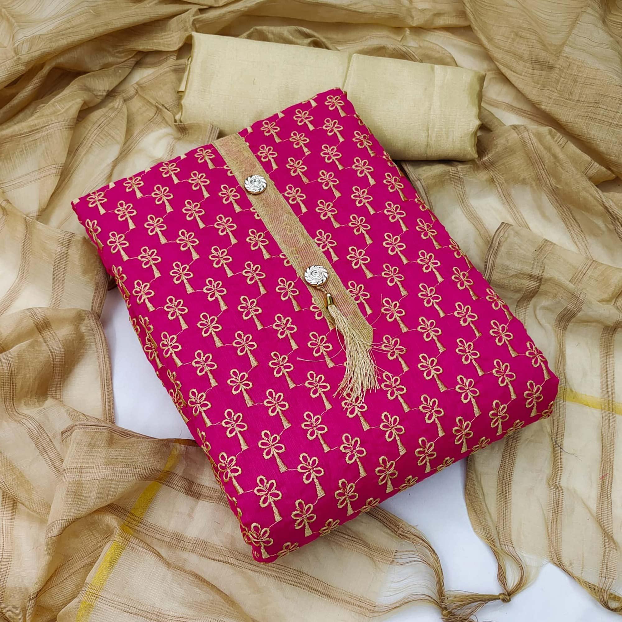 Rani Pink Casual Wear Embroidered Chanderi Dress Material - Peachmode
