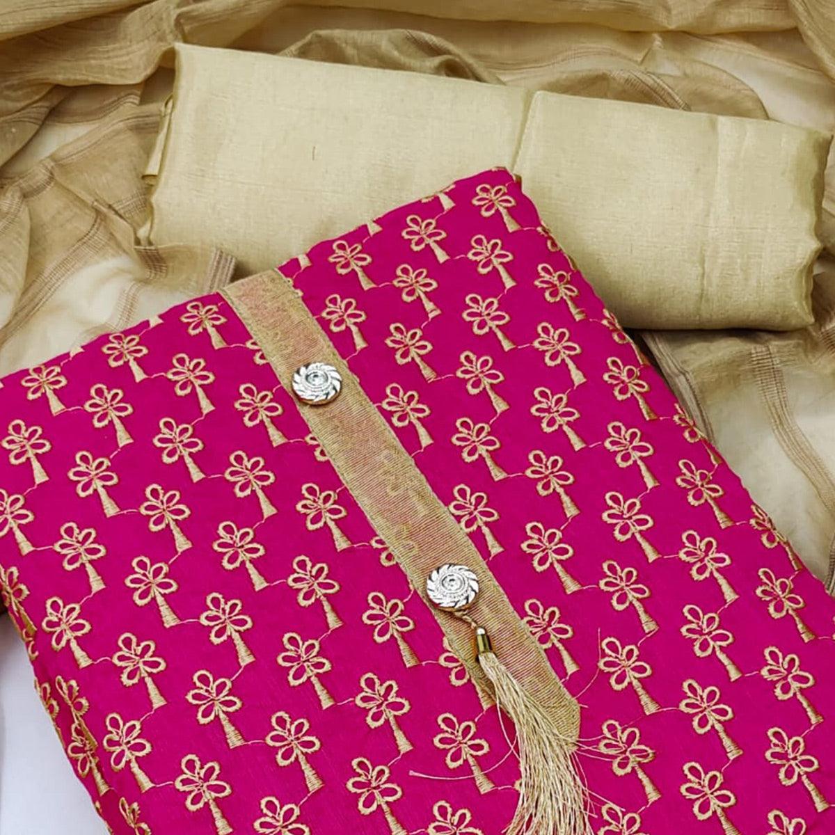 Rani Pink Casual Wear Embroidered Chanderi Dress Material - Peachmode