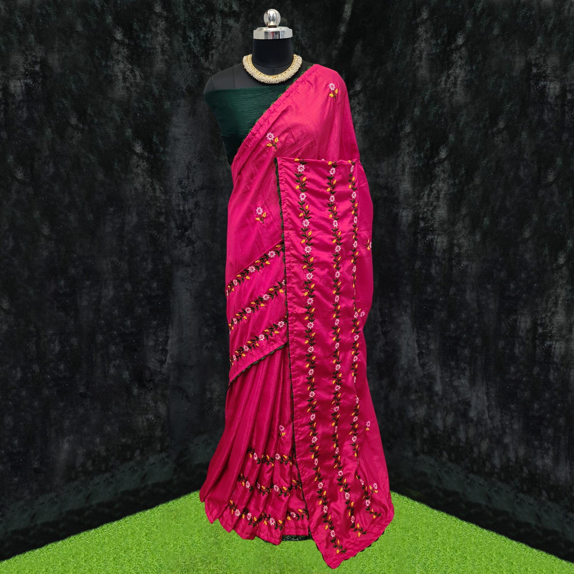 Rani Pink Casual Wear Floral Embroidered Dola Silk Saree - Peachmode