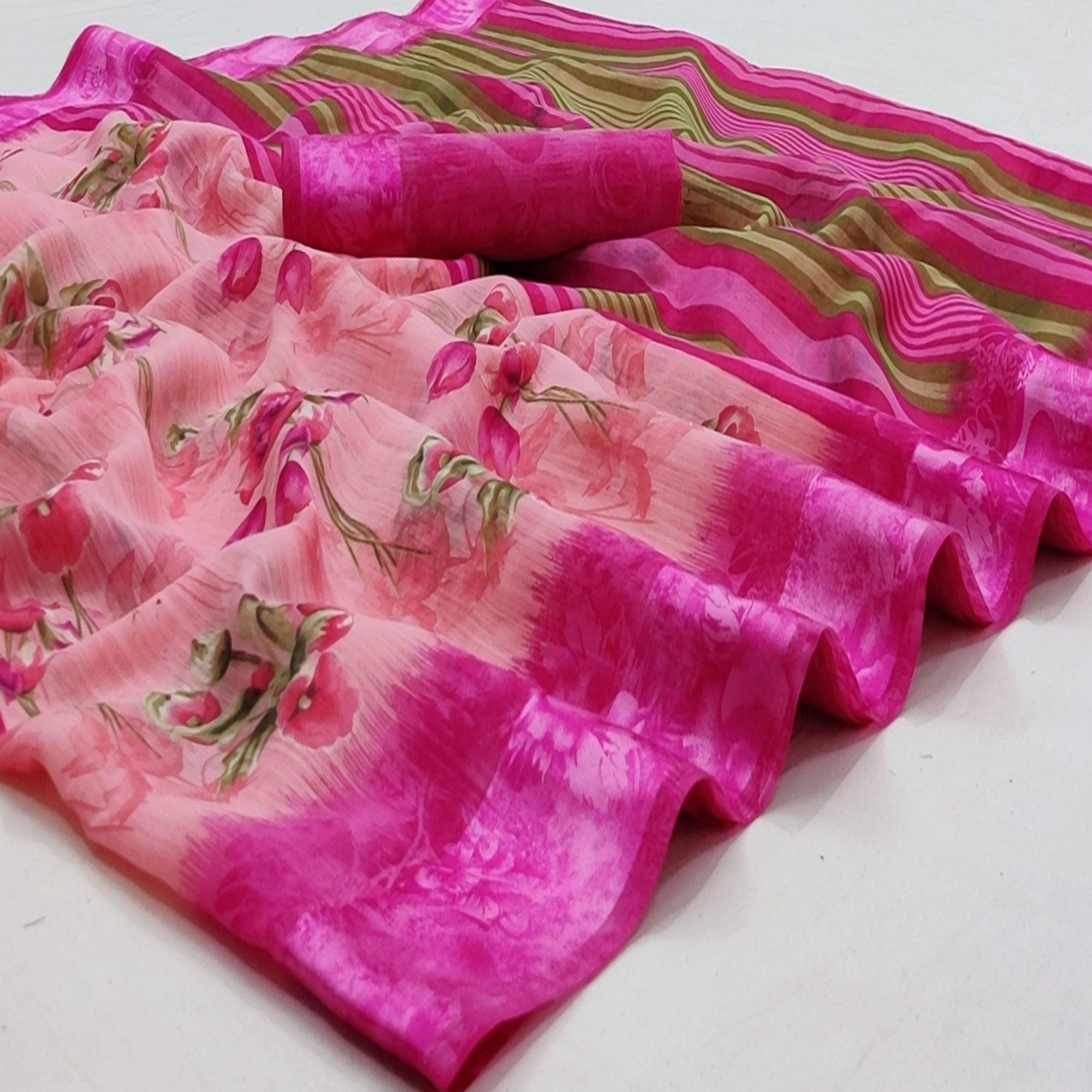 Rani Pink Casual Wear Floral Printed Linen-Satin Saree - Peachmode