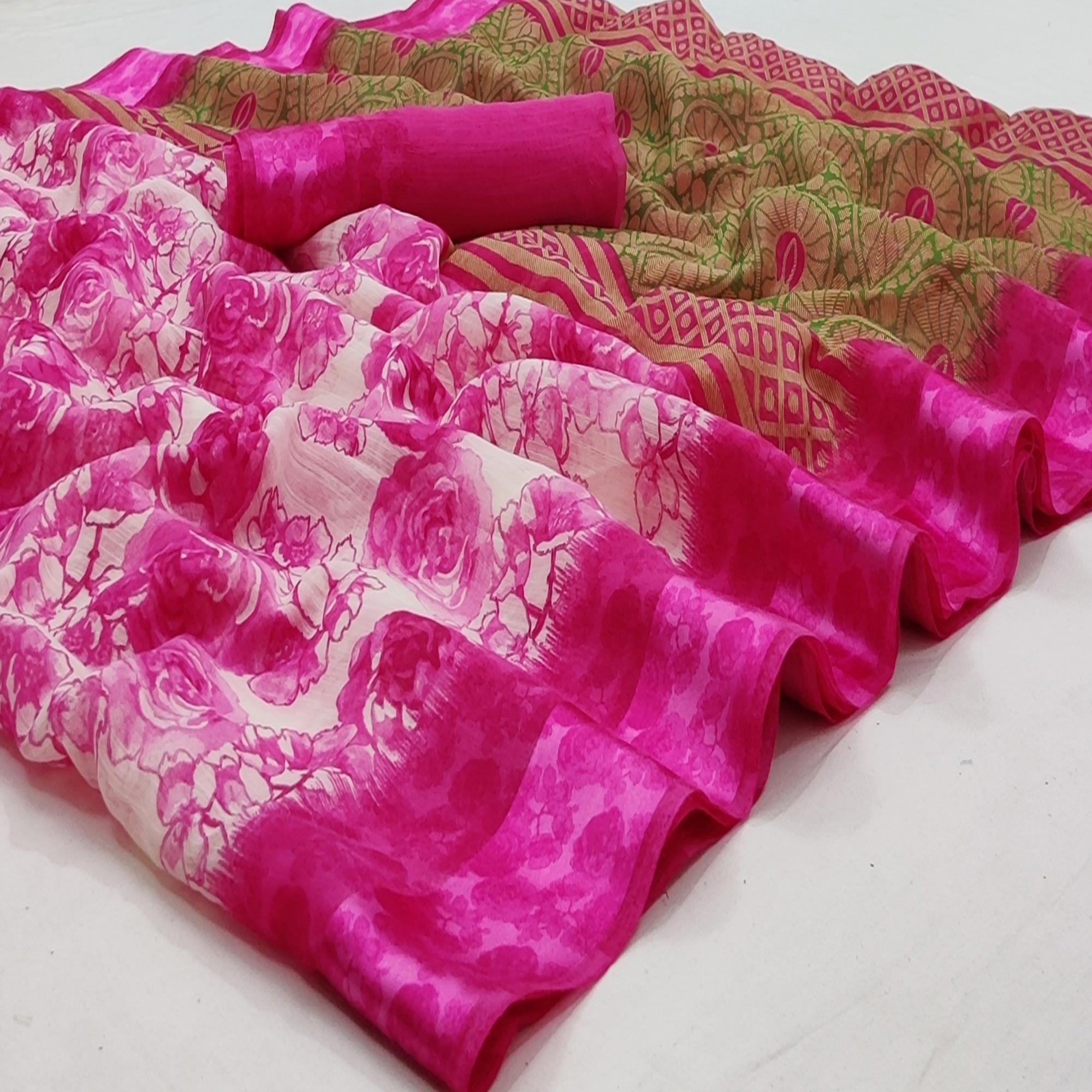 Rani Pink Casual Wear Floral Printed Linen-Satin Saree - Peachmode