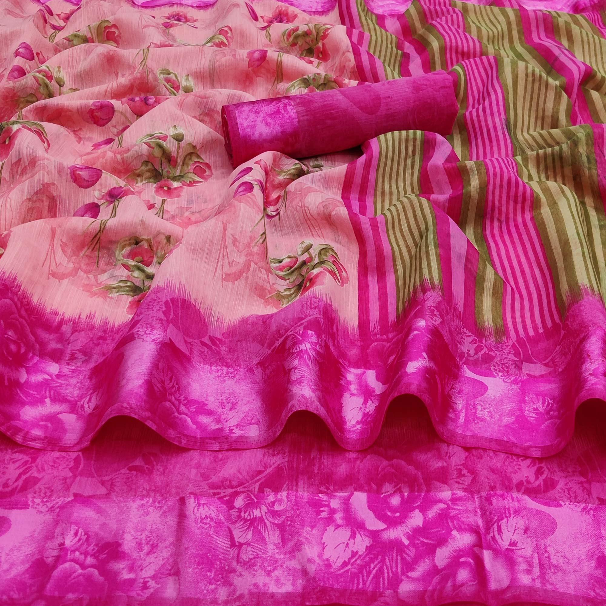 Rani Pink Casual Wear Floral Printed Linen-Satin Saree - Peachmode