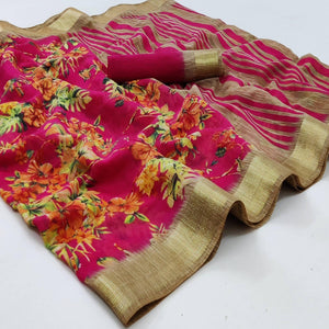 Rani Pink Casual Wear Floral Printed With Jari Border Cotton Saree - Peachmode