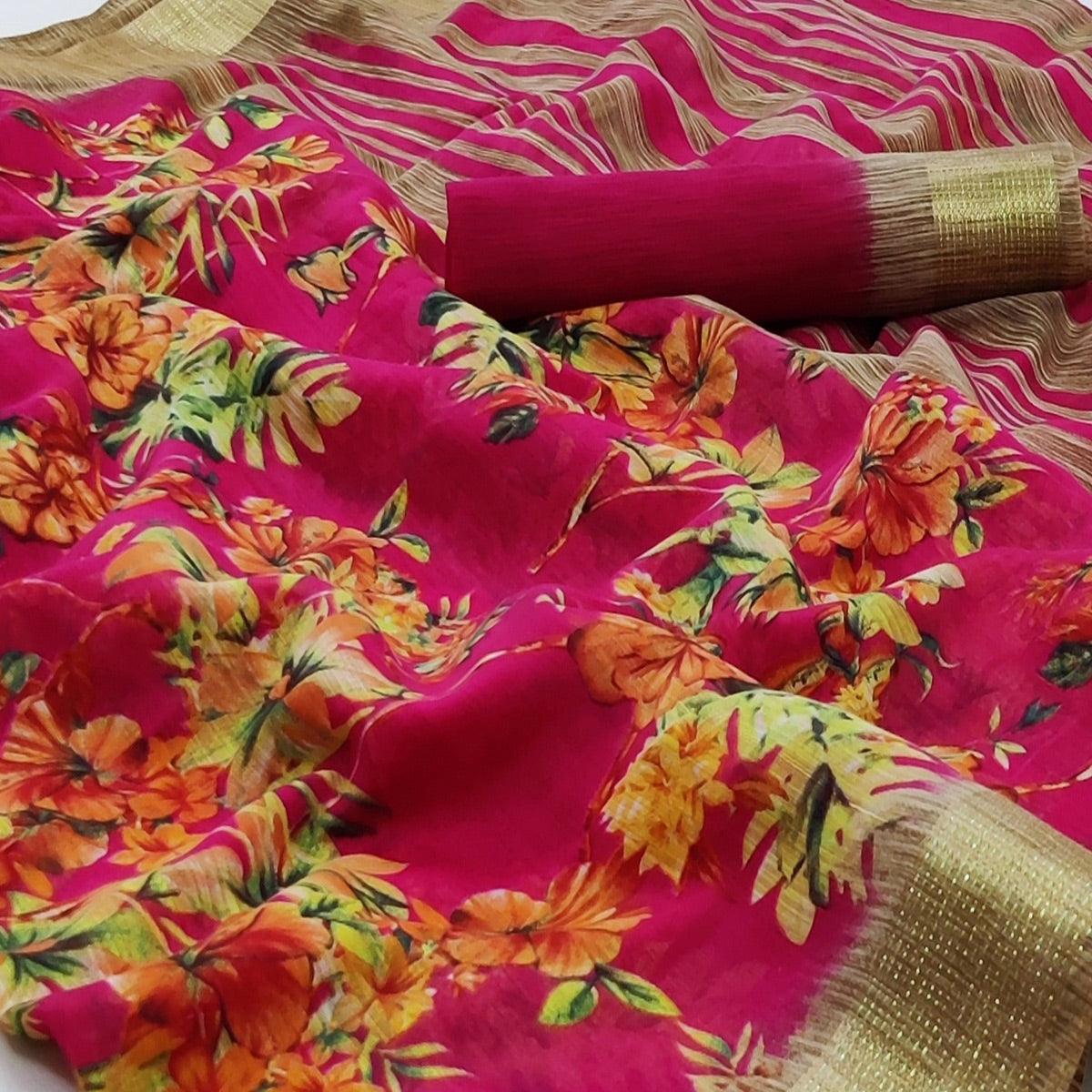 Rani Pink Casual Wear Floral Printed With Jari Border Cotton Saree - Peachmode