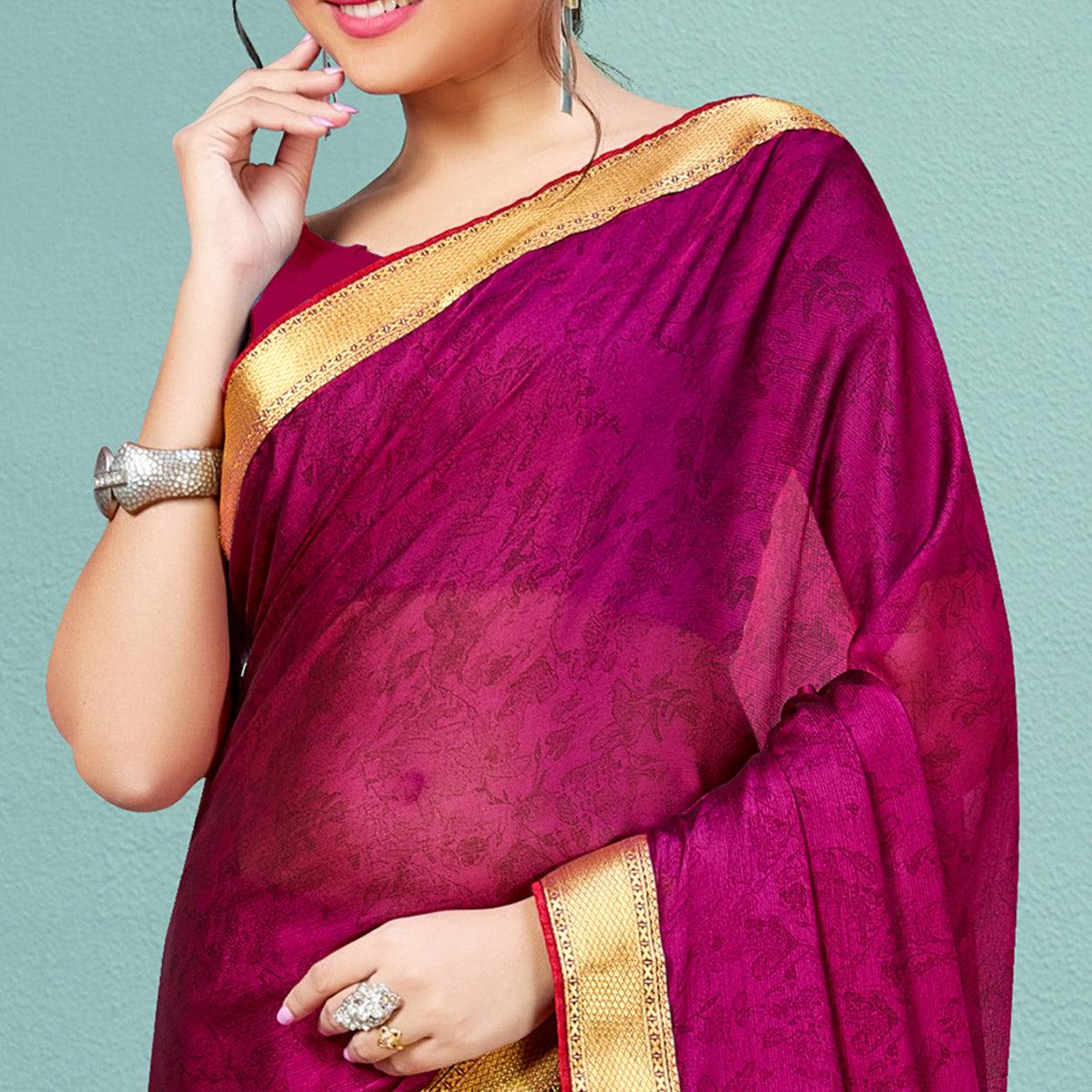 Rani Pink Casual Wear Printed Chiffon Saree With Banarasi Lace - Peachmode