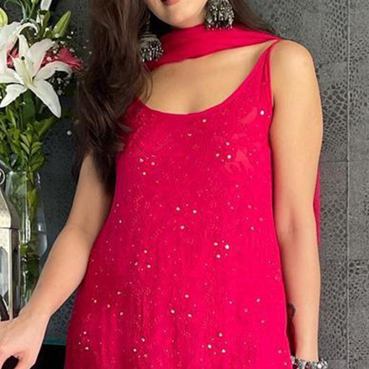 Rani Pink Embroidered Georgette Palazzo Suit - Peachmode