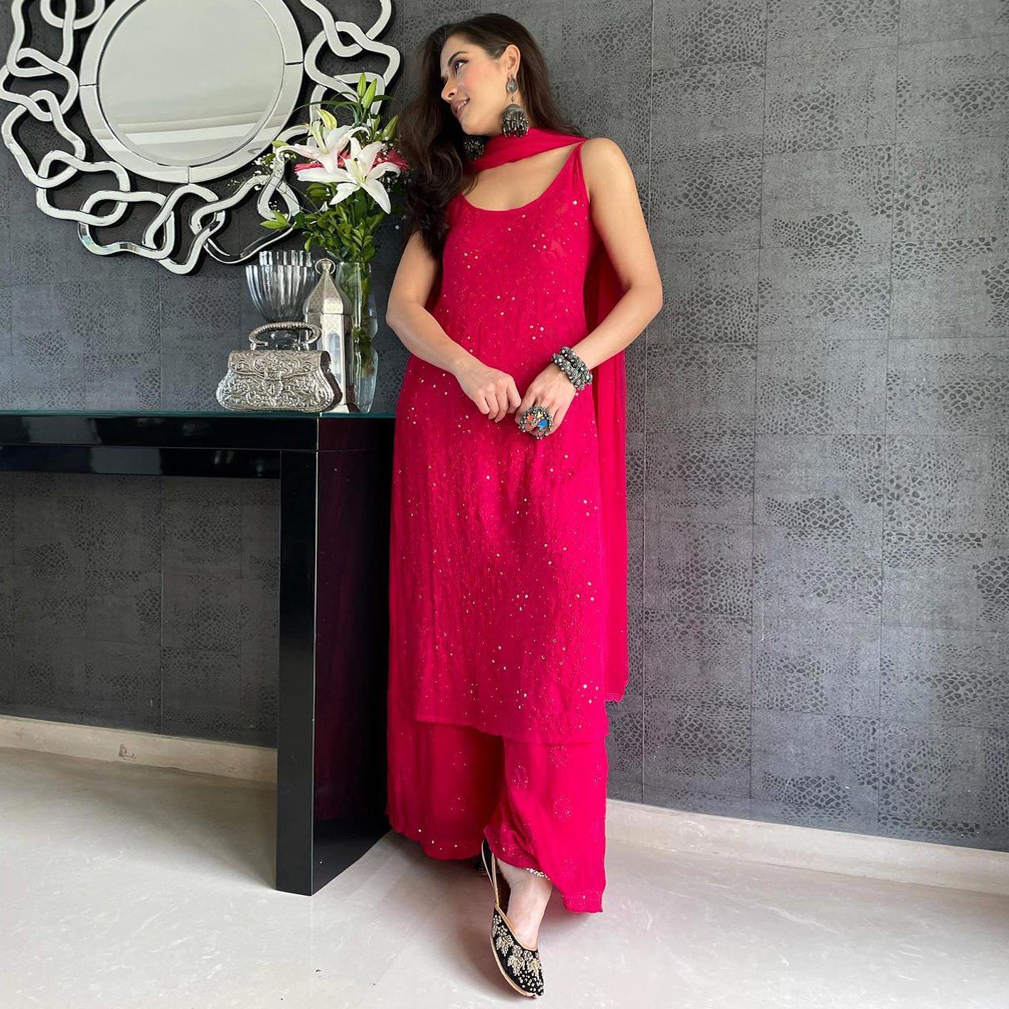 Rani Pink Embroidered Georgette Palazzo Suit - Peachmode