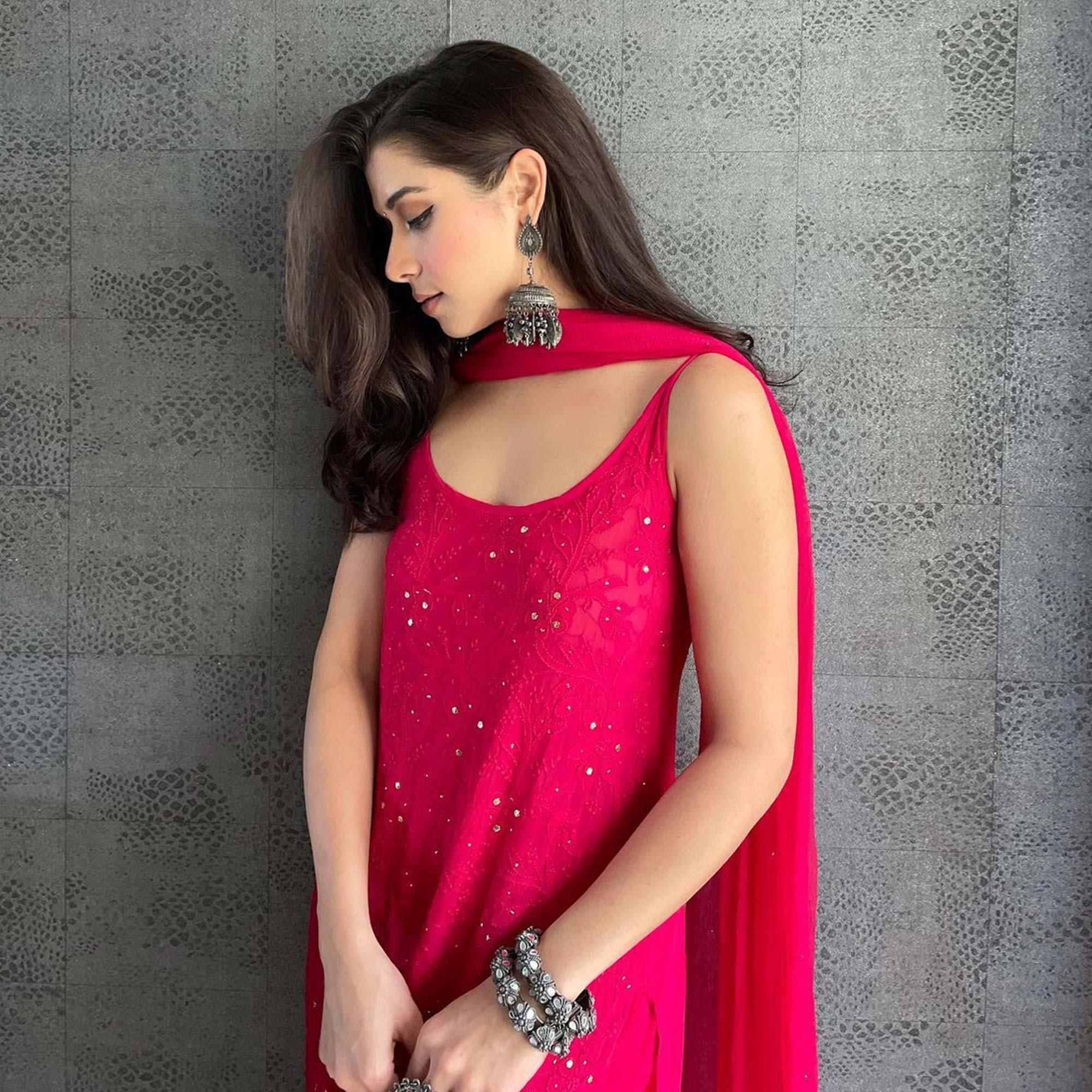 Rani Pink Embroidered Georgette Palazzo Suit - Peachmode