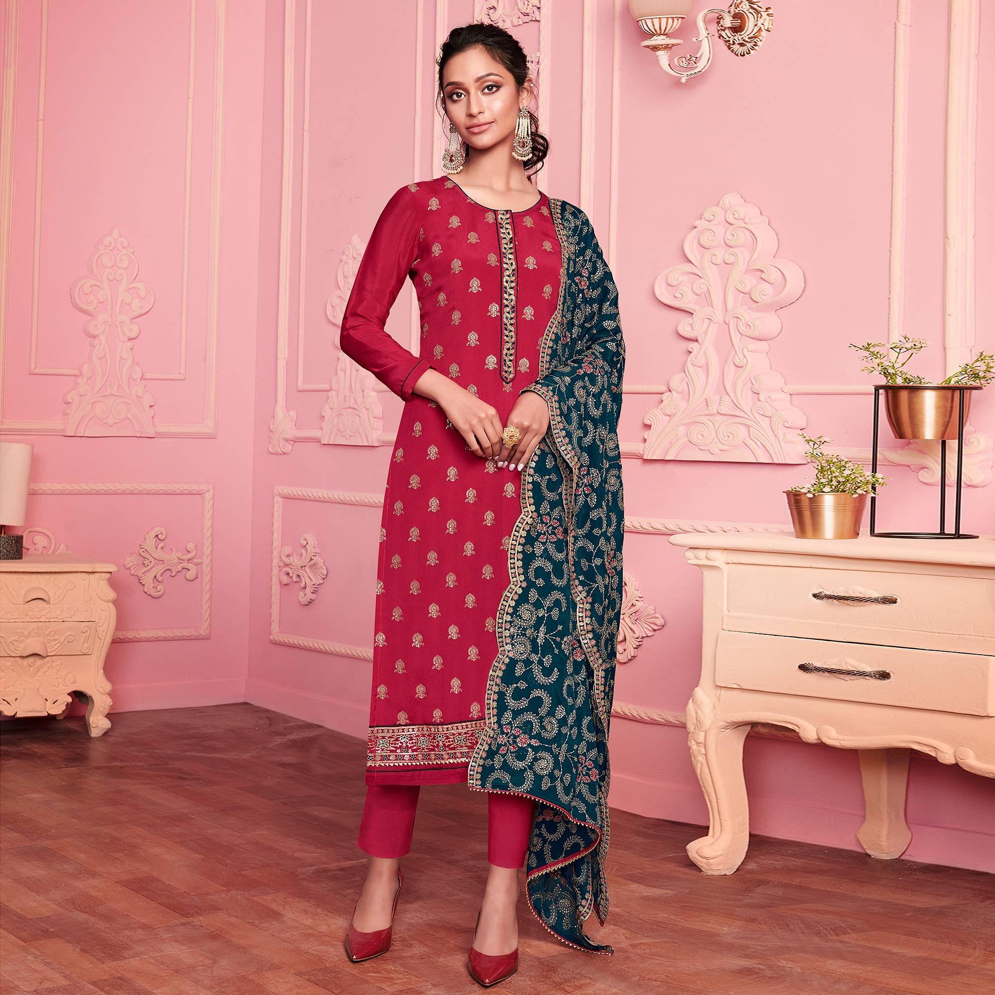 Rani Pink Embroidered Georgette Suit - Peachmode
