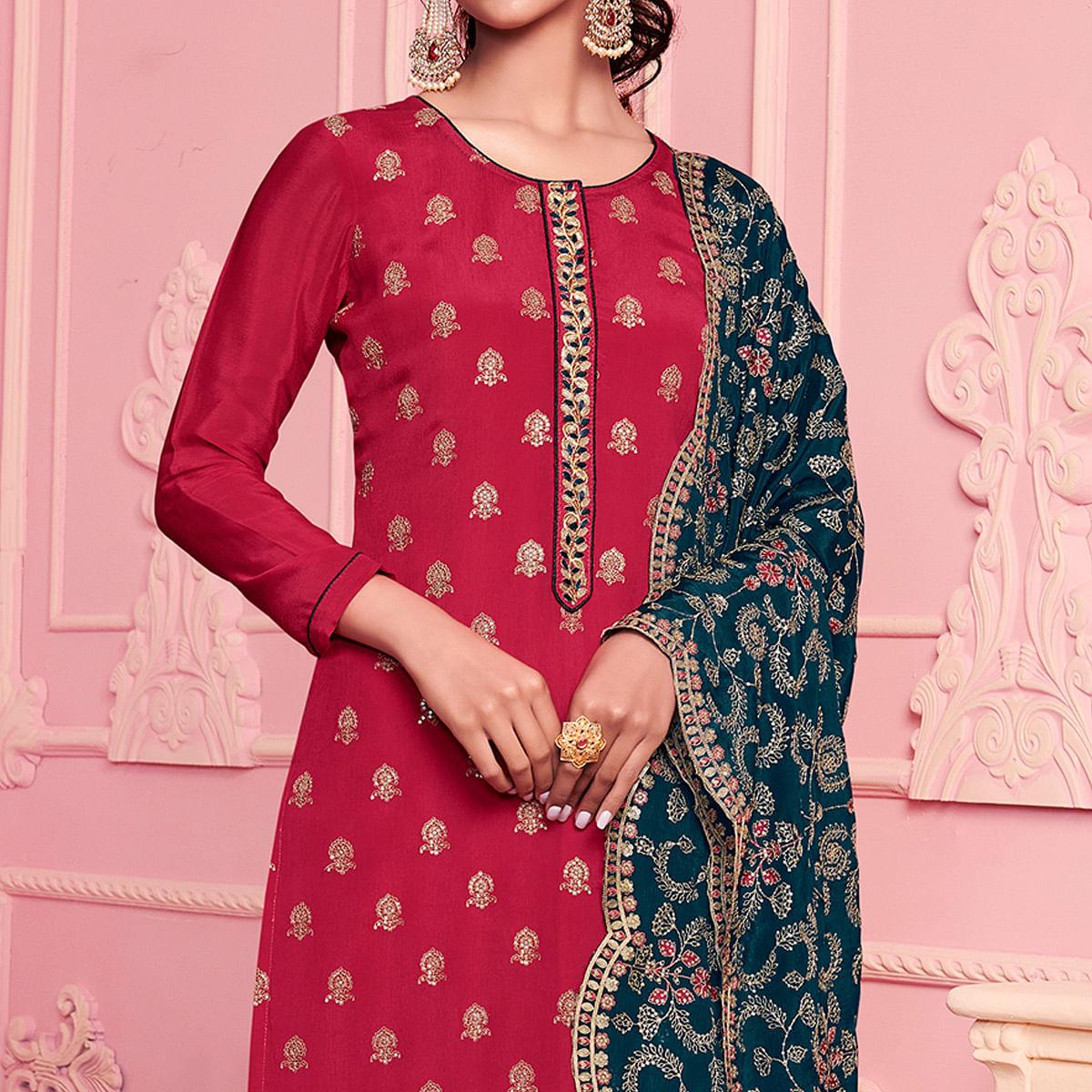 Rani Pink Embroidered Georgette Suit - Peachmode