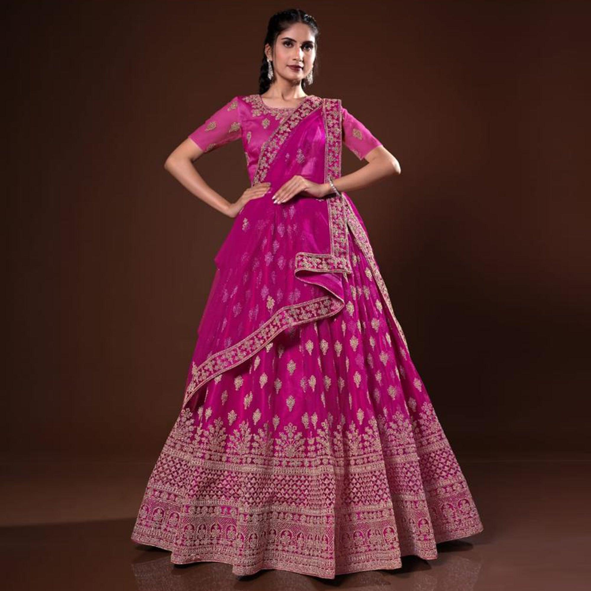 Rani Pink Embroidered Net Lehenga Choli - Peachmode