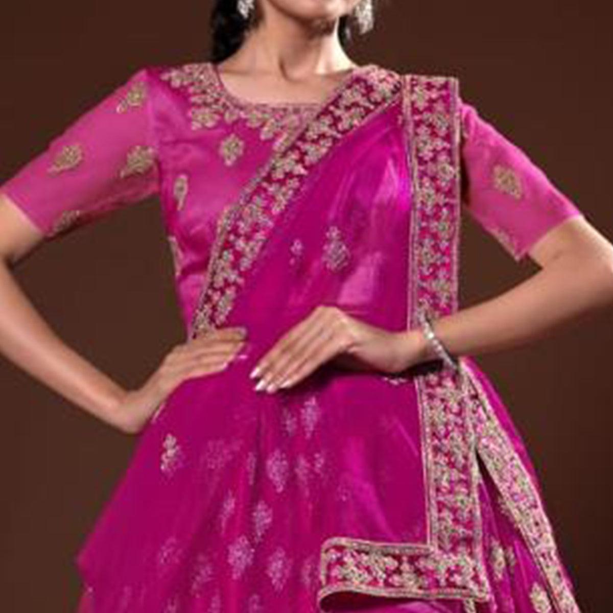 Rani Pink Embroidered Net Lehenga Choli - Peachmode