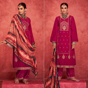 Rani Pink Embroidered Velvet Pakistani Suit - Peachmode