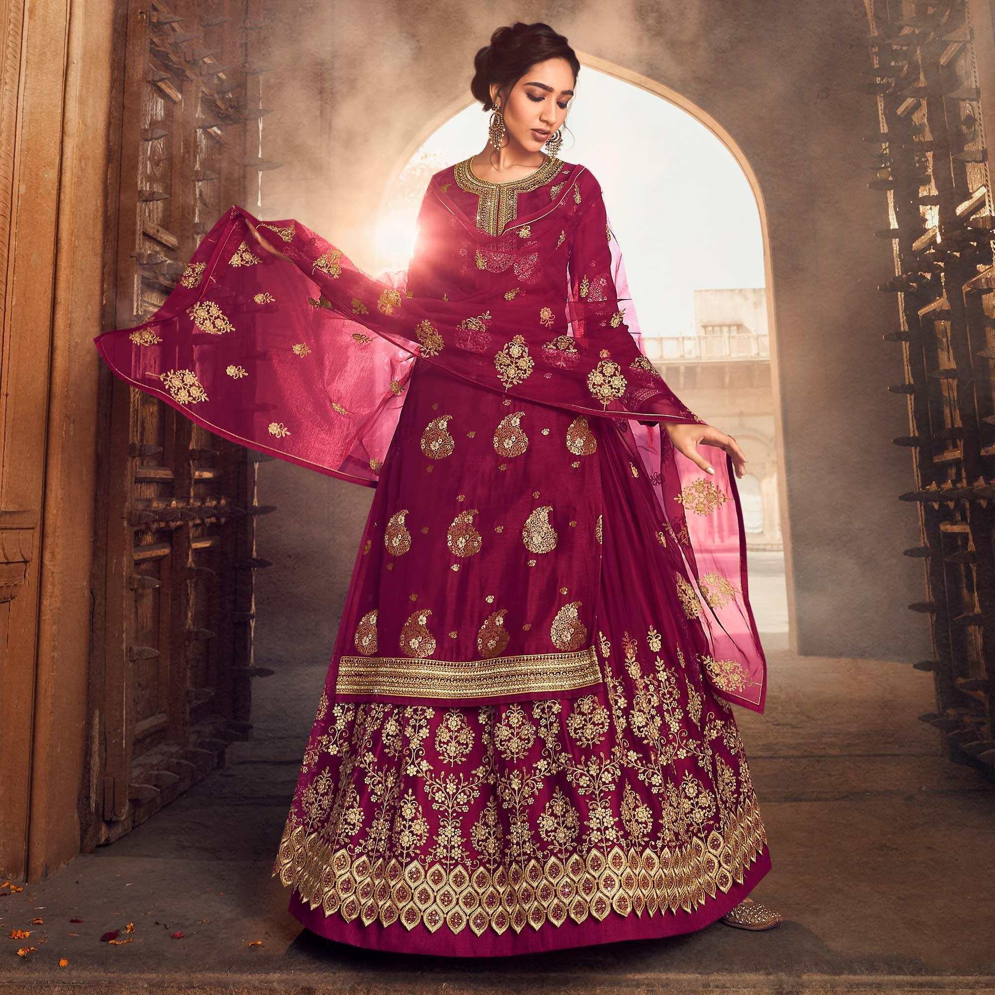 Rani Pink Festive Wear Floral Emboidered With Diamond Net Lehenga Choli - Peachmode