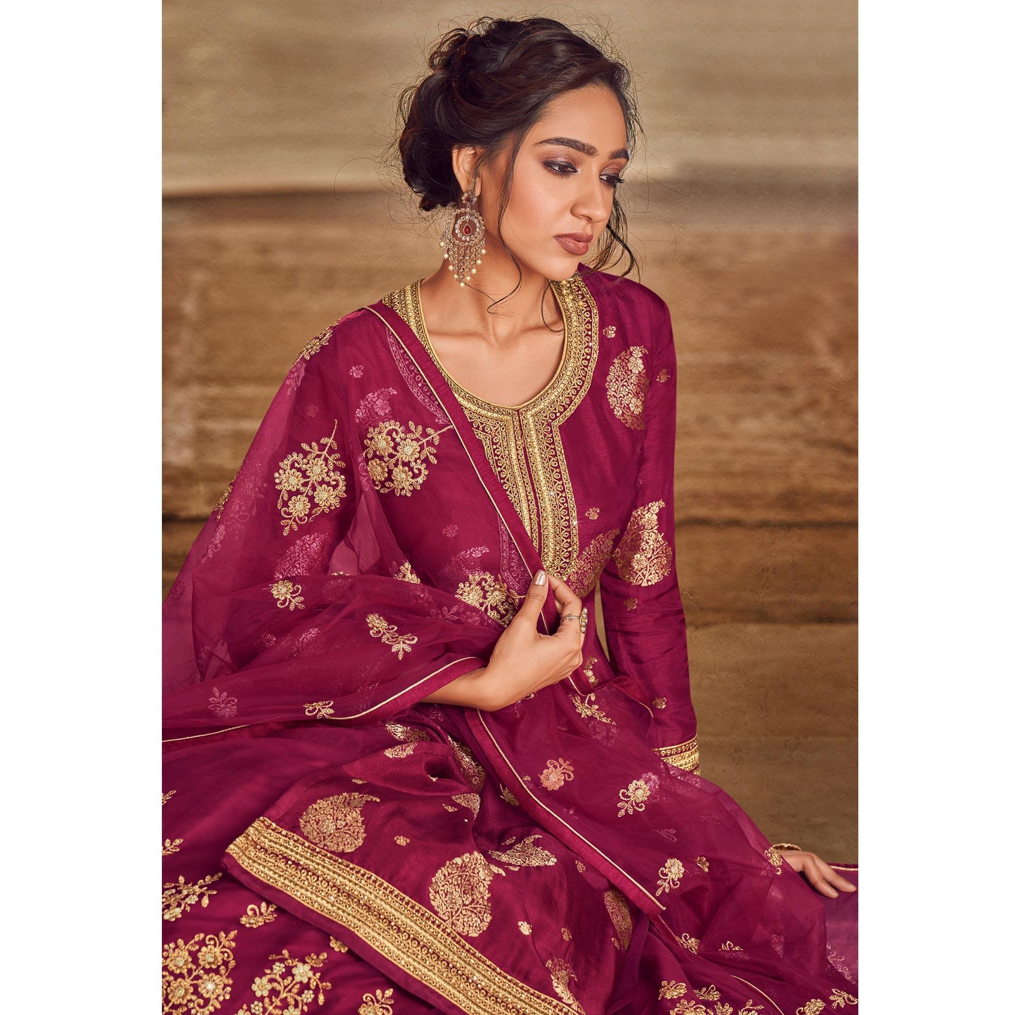 Rani Pink Festive Wear Floral Emboidered With Diamond Net Lehenga Choli - Peachmode