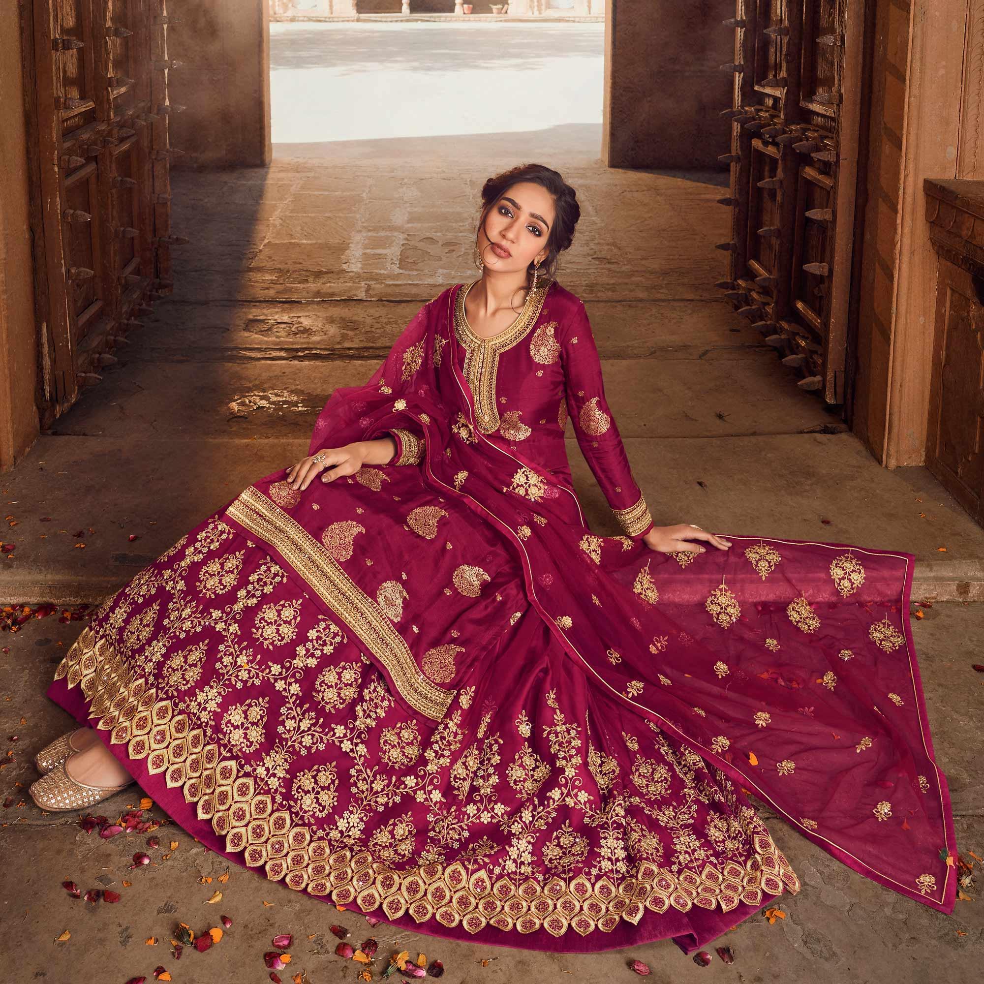 Rani Pink Festive Wear Floral Emboidered With Diamond Net Lehenga Choli - Peachmode