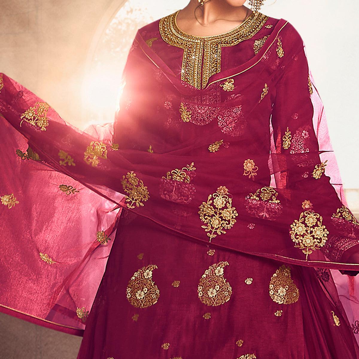 Rani Pink Festive Wear Floral Emboidered With Diamond Net Lehenga Choli - Peachmode