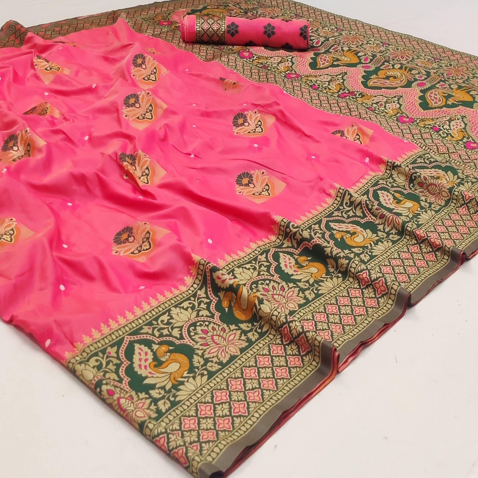 Rani Pink Festive Wear Floral Woven Designer Soft Silk Banarasi Saree - Peachmode