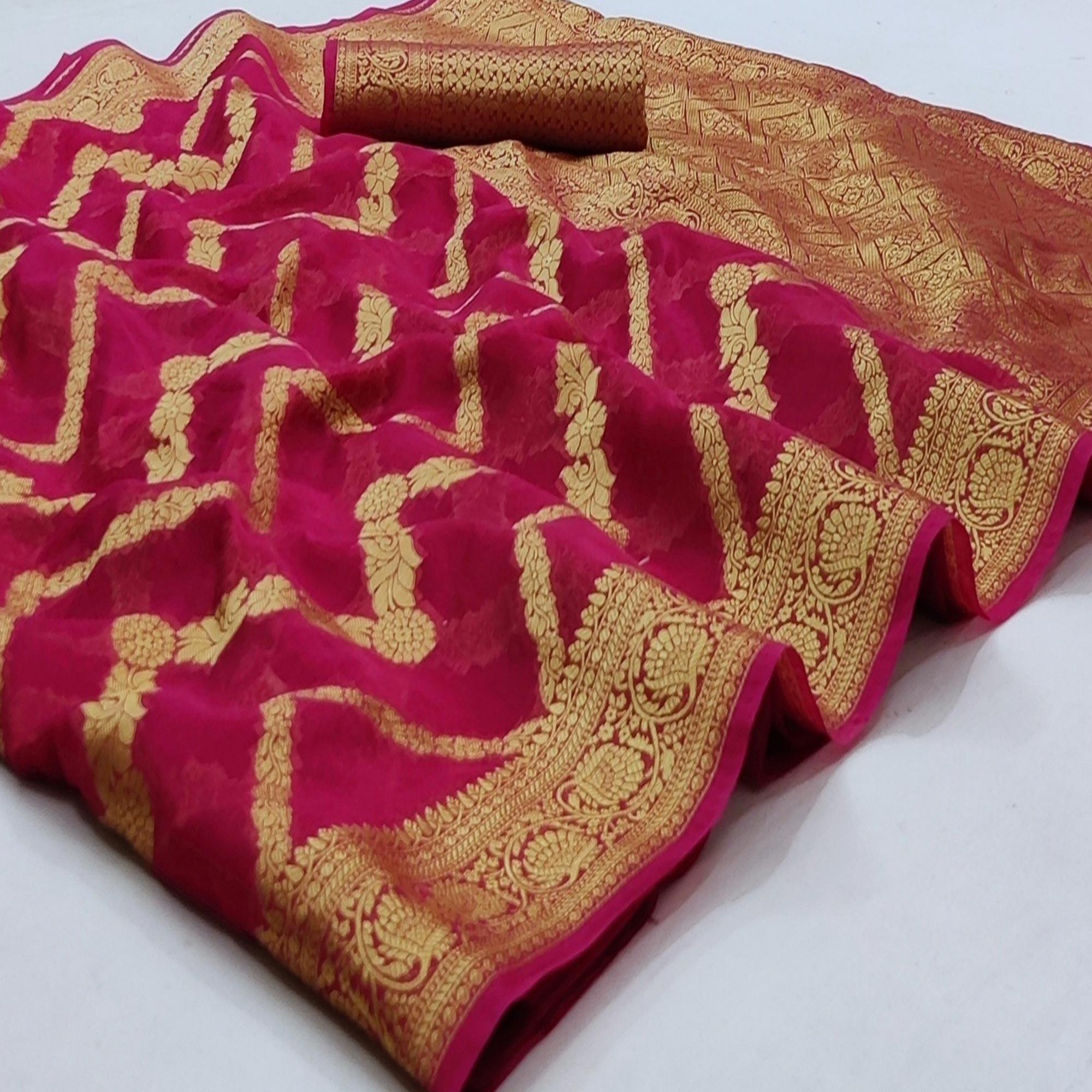 Rani Pink Festive Wear Floral Woven Soft Organza Saree - Peachmode