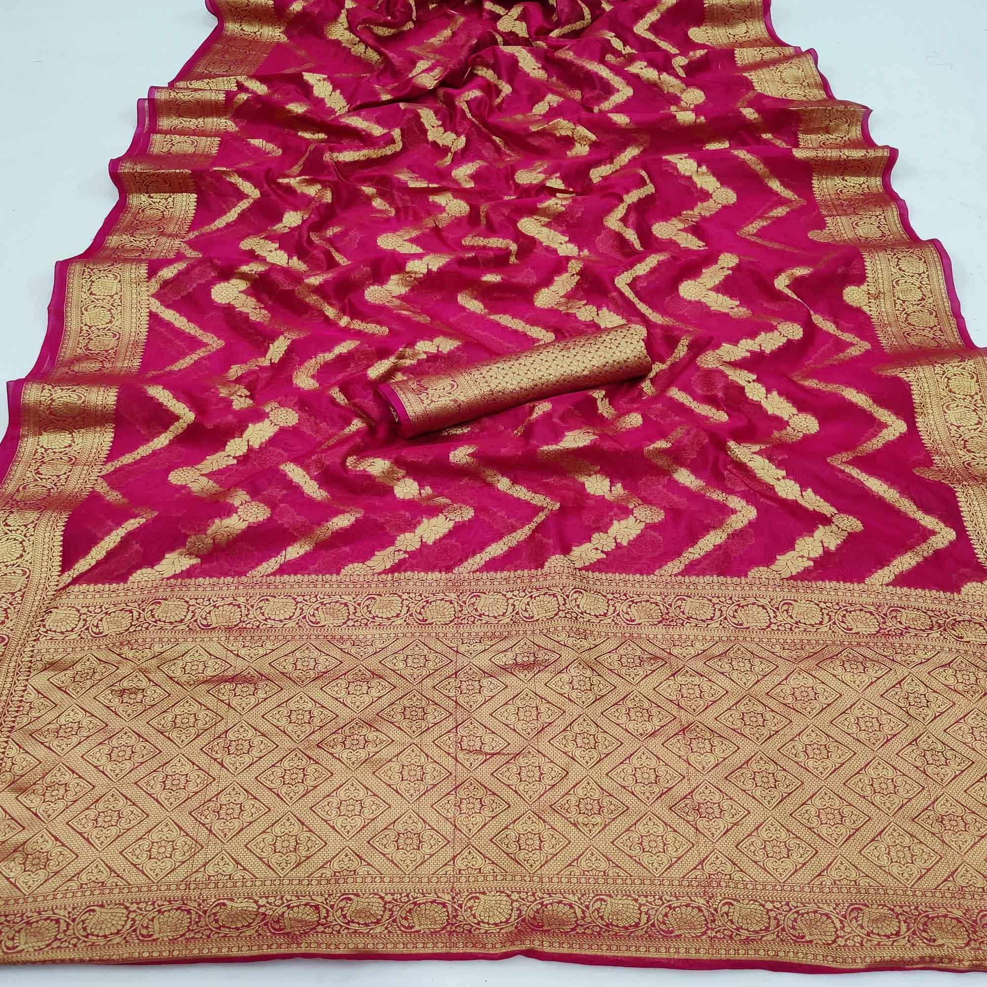 Rani Pink Festive Wear Floral Woven Soft Organza Saree - Peachmode